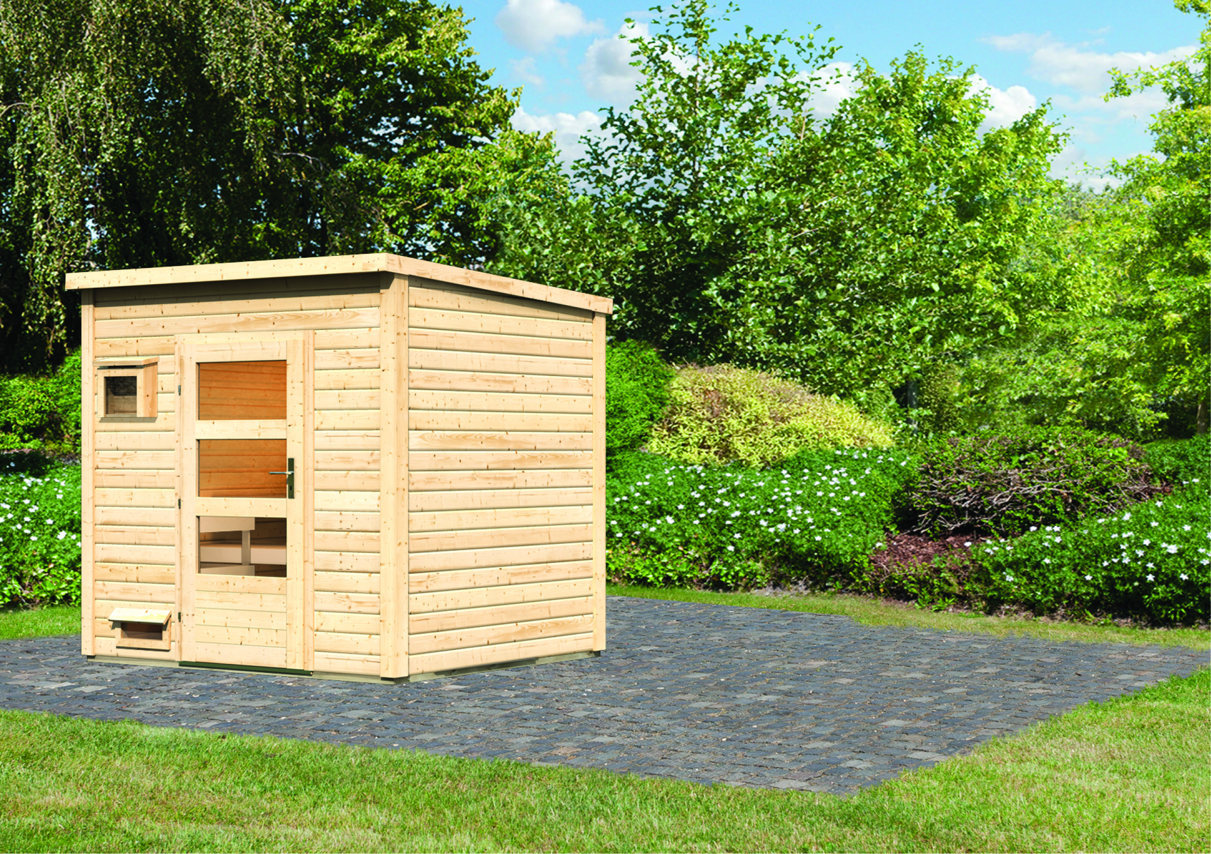 Karibu Saunahaus Pepe 3 als Gartensauna aus Massivholz im Garten mit Glasfront