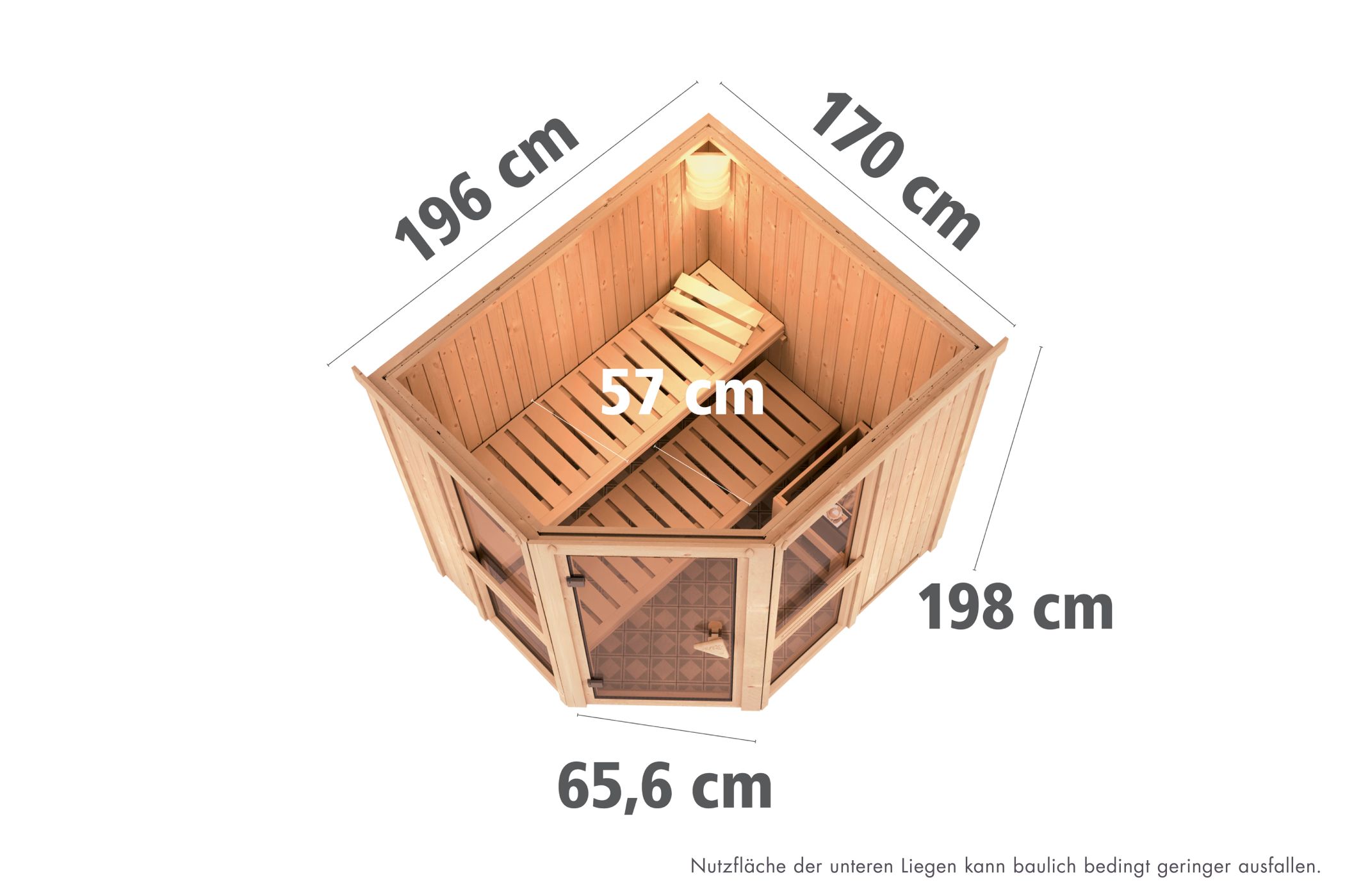 Maßzeichnung der Karibu Sauna Amelia 1 mit Außenmaß 196 × 170 cm und Höhe 198 cm