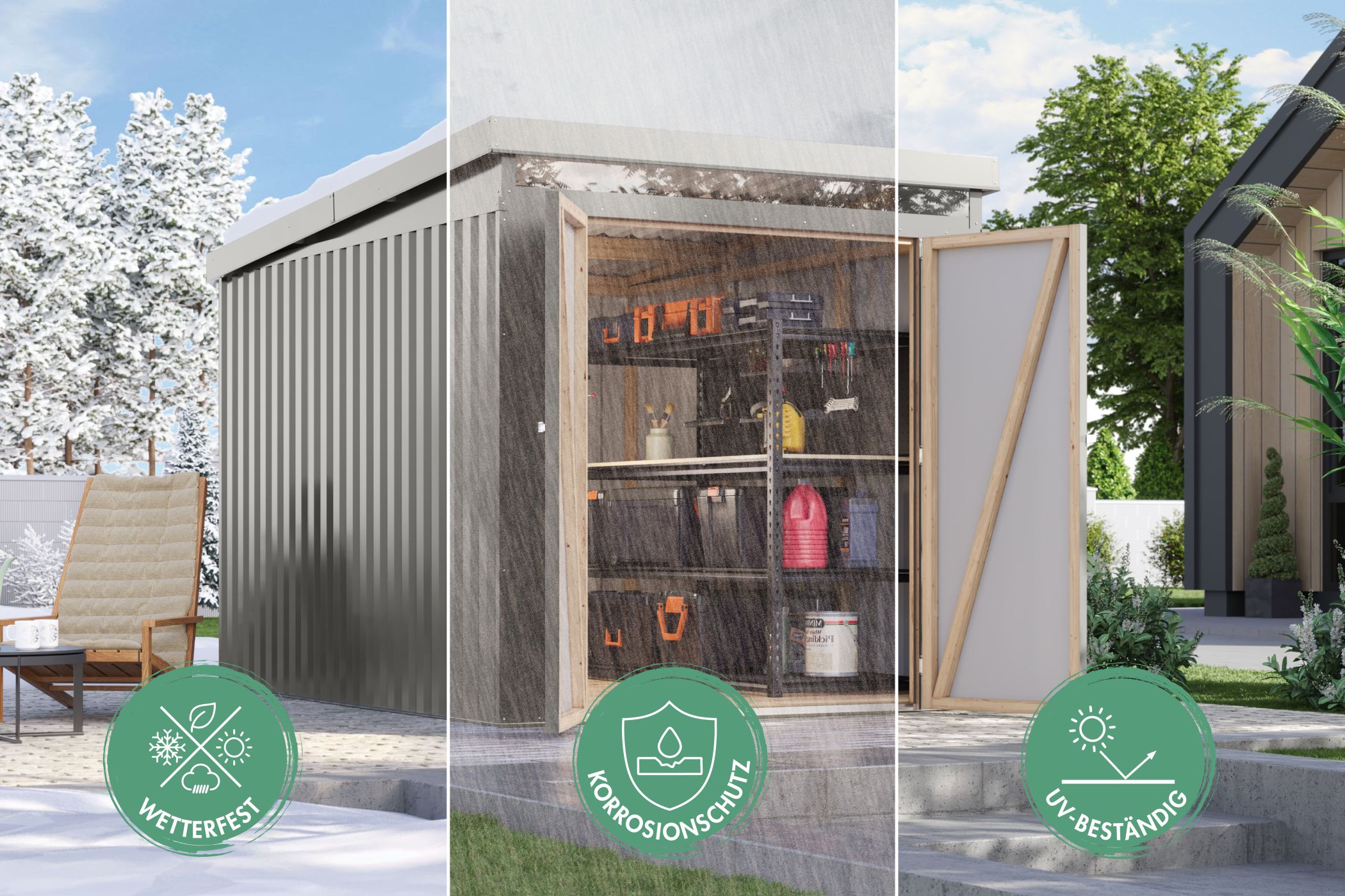 Karibu Gerätehaus aus Metall Iridium 2 in Graualuminium im Garten
