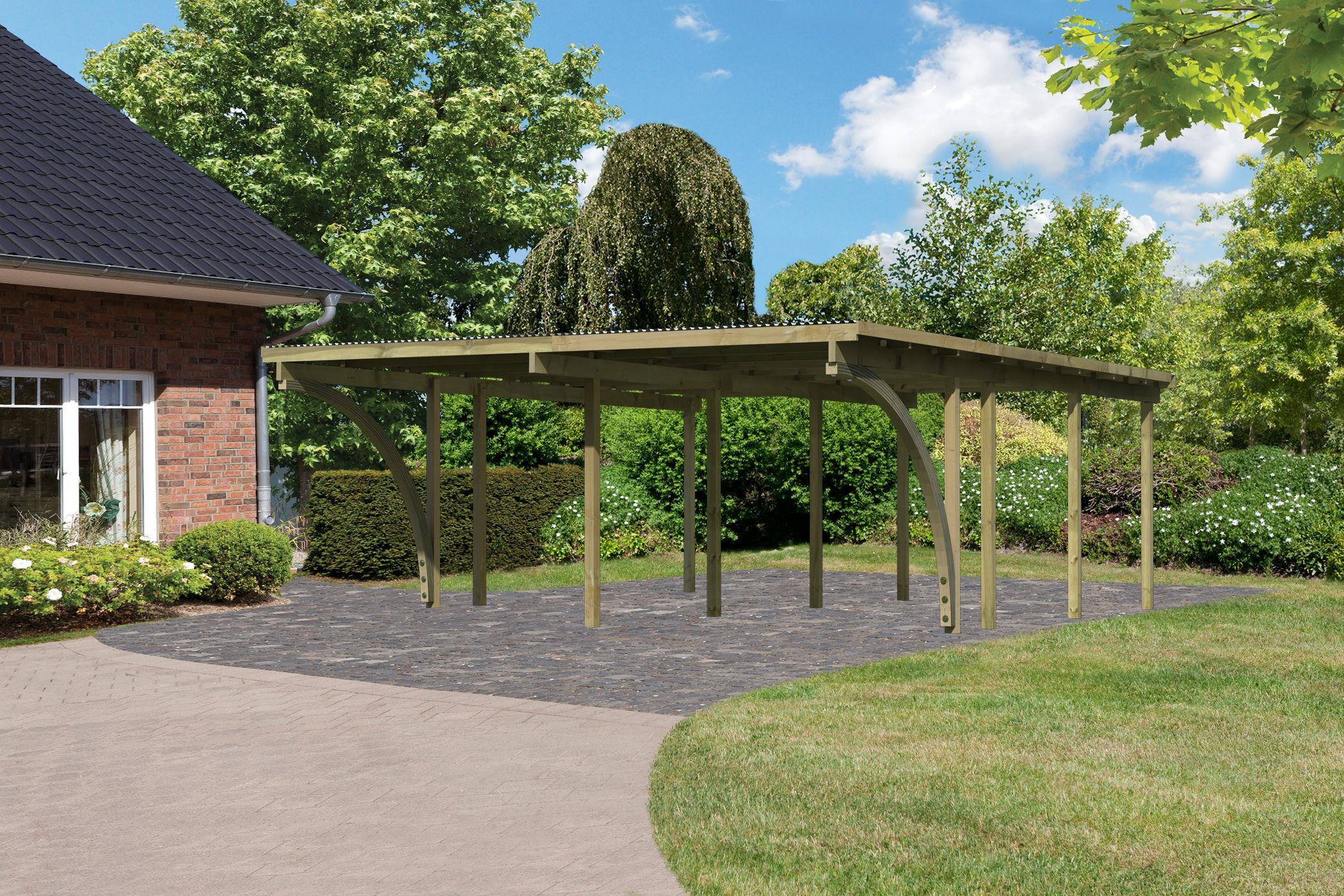 Karibu Doppelcarport BASIC 2 mit Einfahrtsbogen aus kesseldruckimprägniertem Massivholz im Garten
