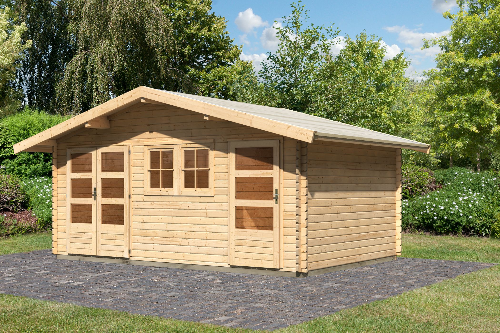 Karibu großes Gartenhaus Lagor 2 aus Holz, im Garten aufgebaut