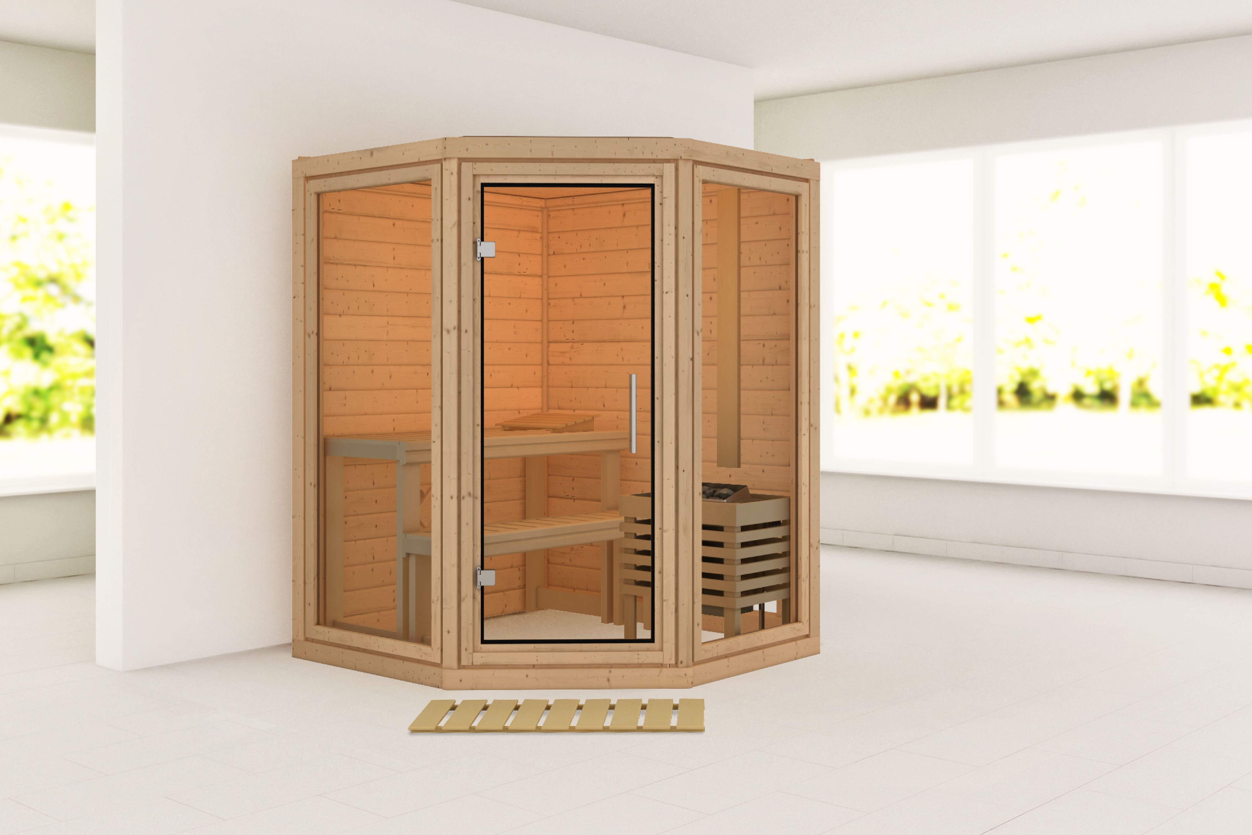 Außenansicht der Karibu Sauna Yuma aus nordischer Fichte mit Ganzglastür und Fronteinstieg