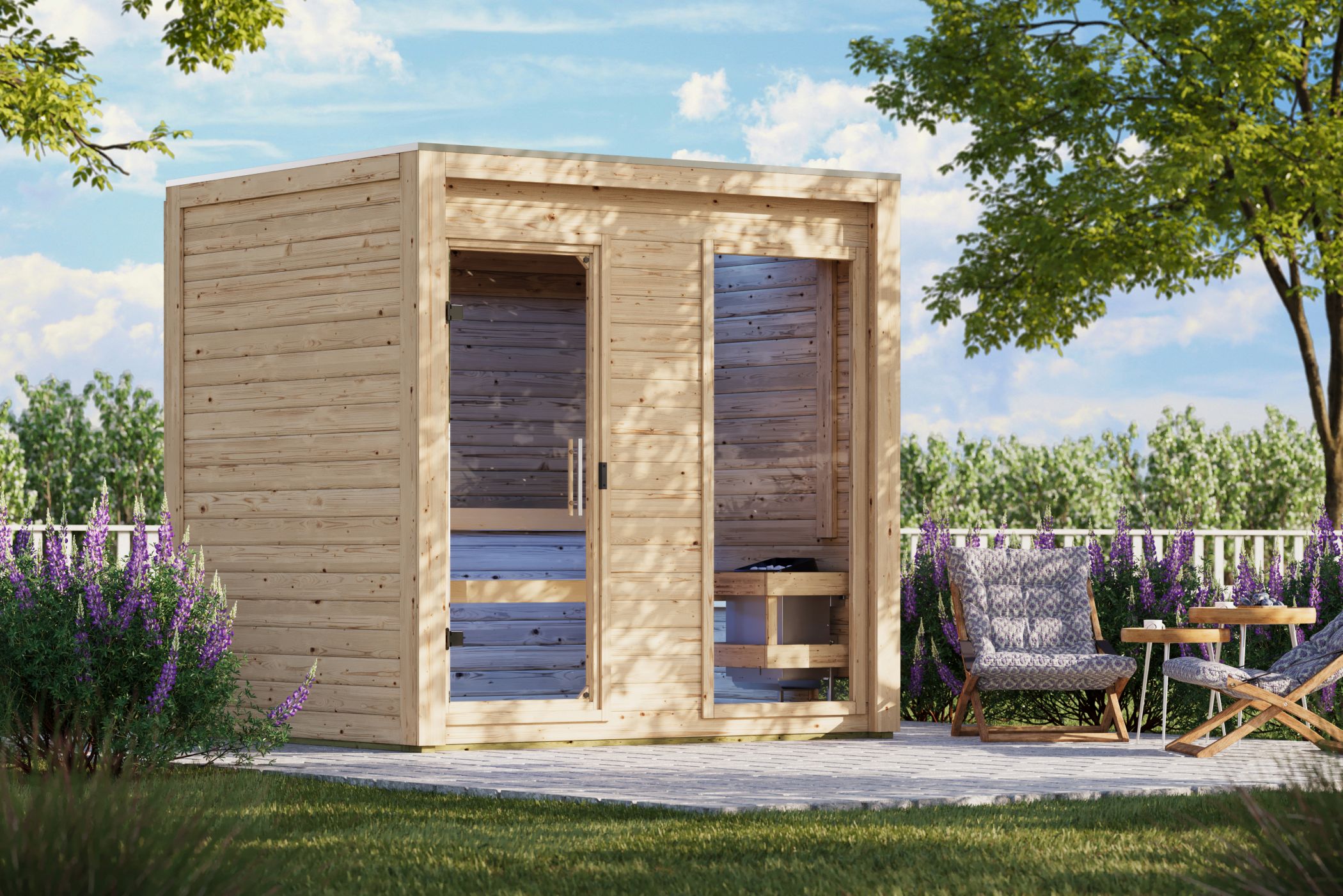 Karibu Saunahaus Hycore 2 als Gartensauna aus Massivholz im Garten mit Glasfront