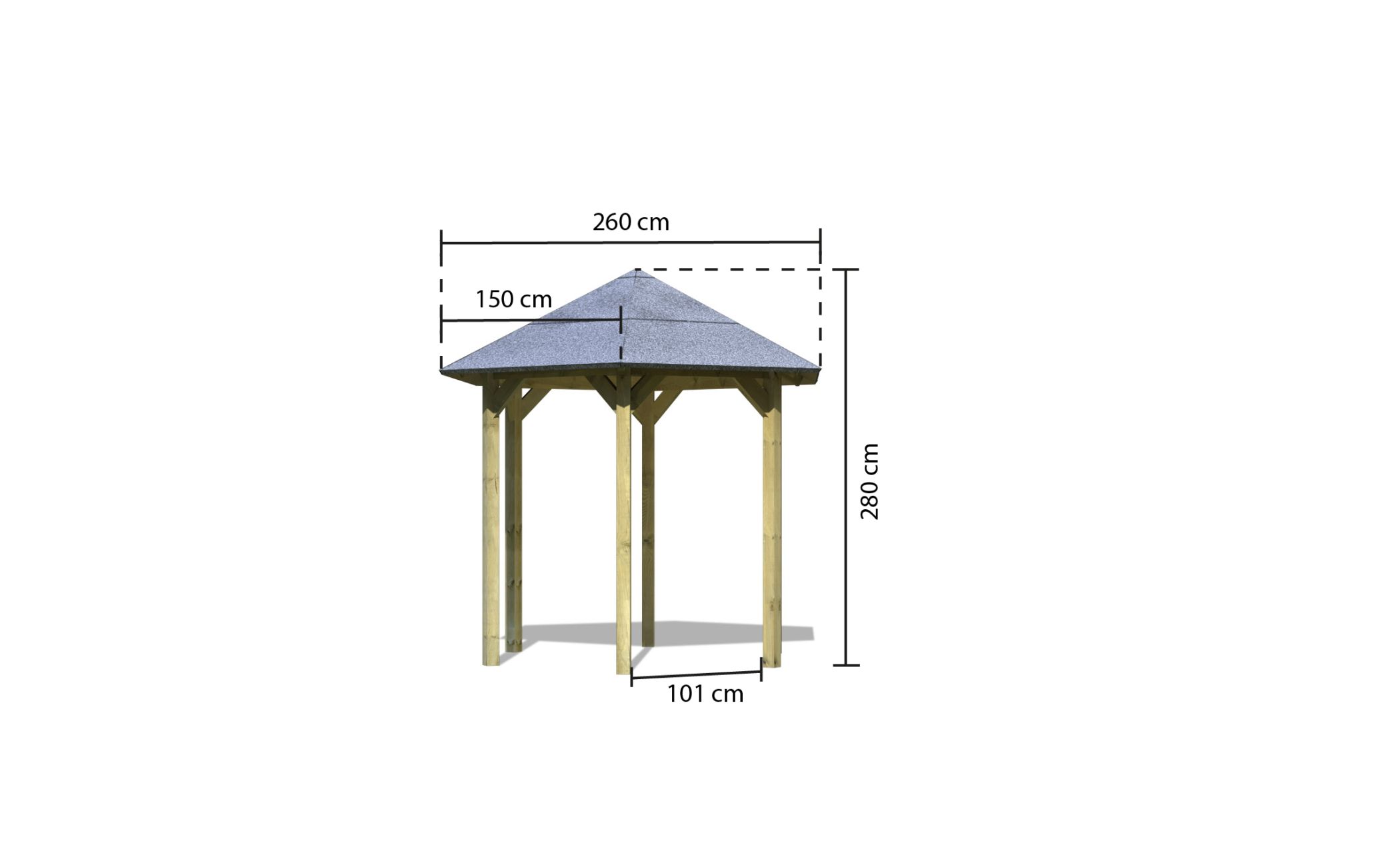 Maßzeichnung des Karibu Pavillon Lissabon mit Dachmaß 299 × 260 cm und Firsthöhe 280 cm