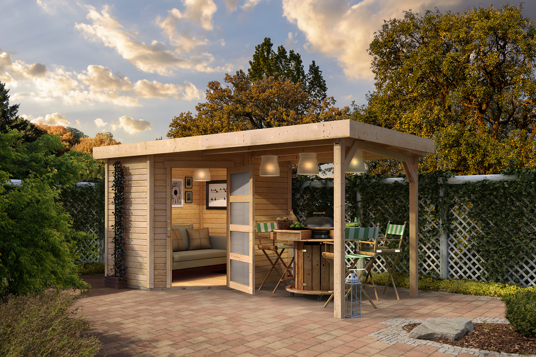 Karibu Gerätehaus Schwandorf 3 in Naturbelassen und Anbaudach im Garten