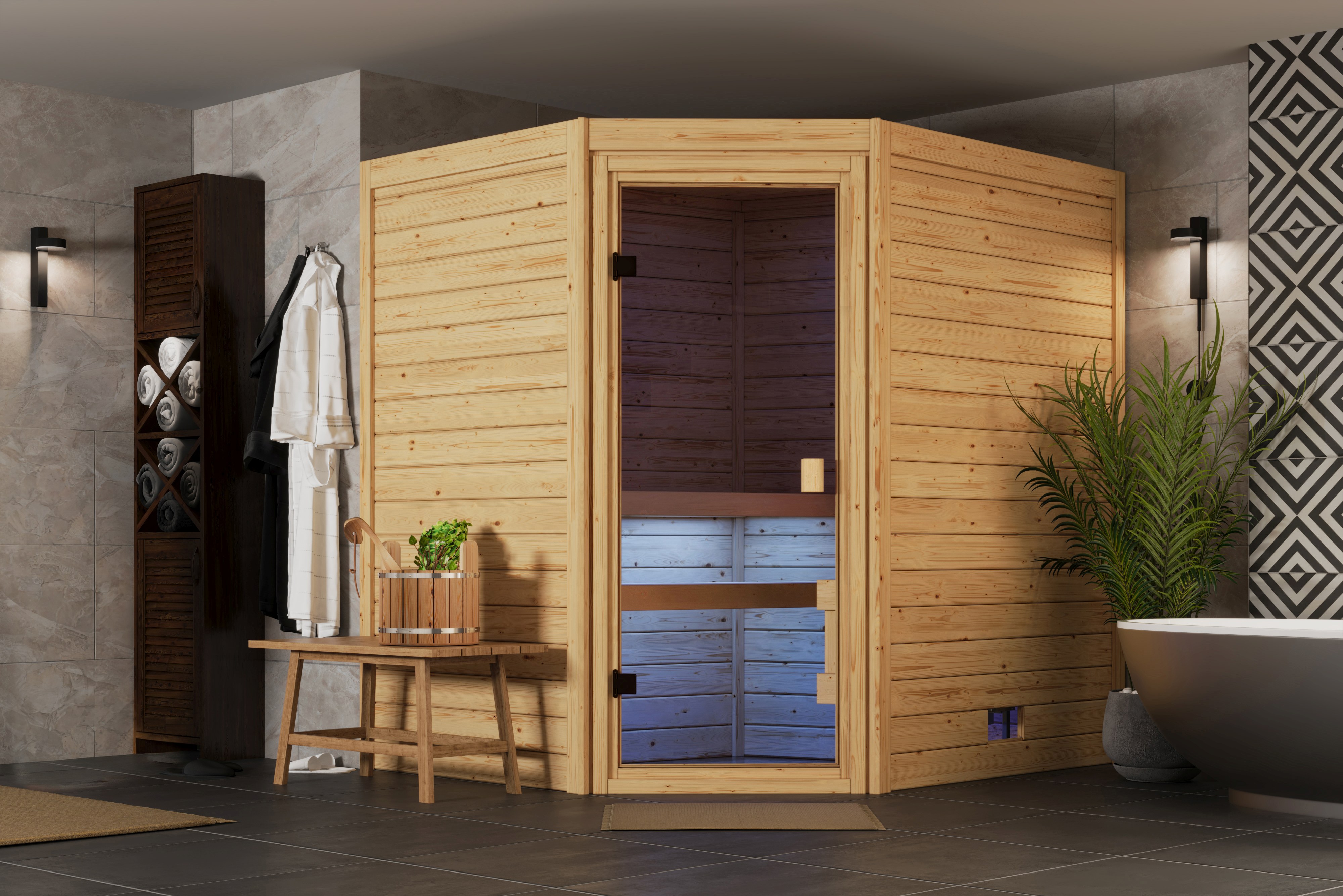 Karibu Sauna Ina als stimmungsvoller Wellnessbereich in einem modern eingerichteten Wohnraum