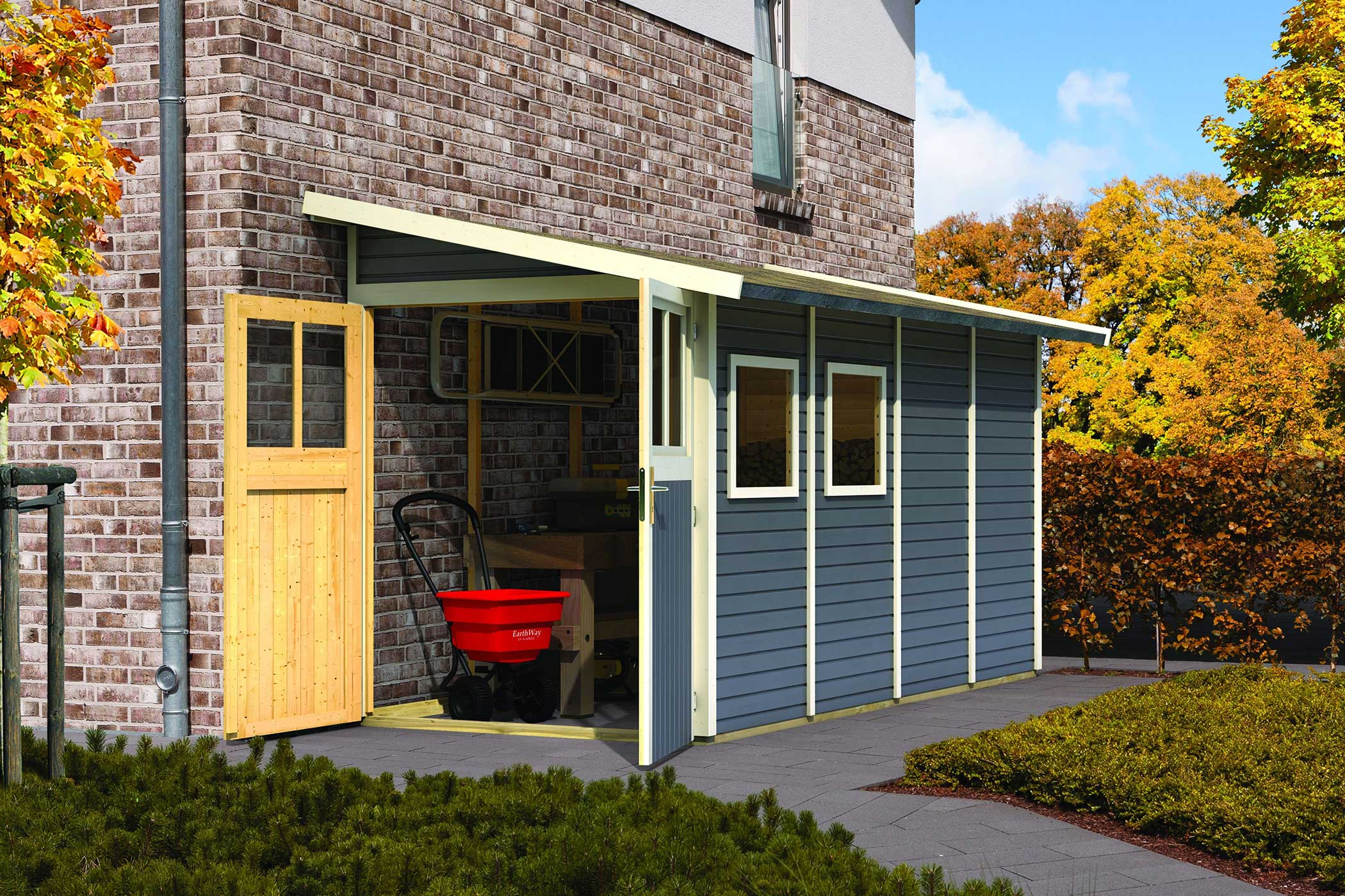 Karibu Gerätehaus Wandlitz 4 in Terragrau im Garten