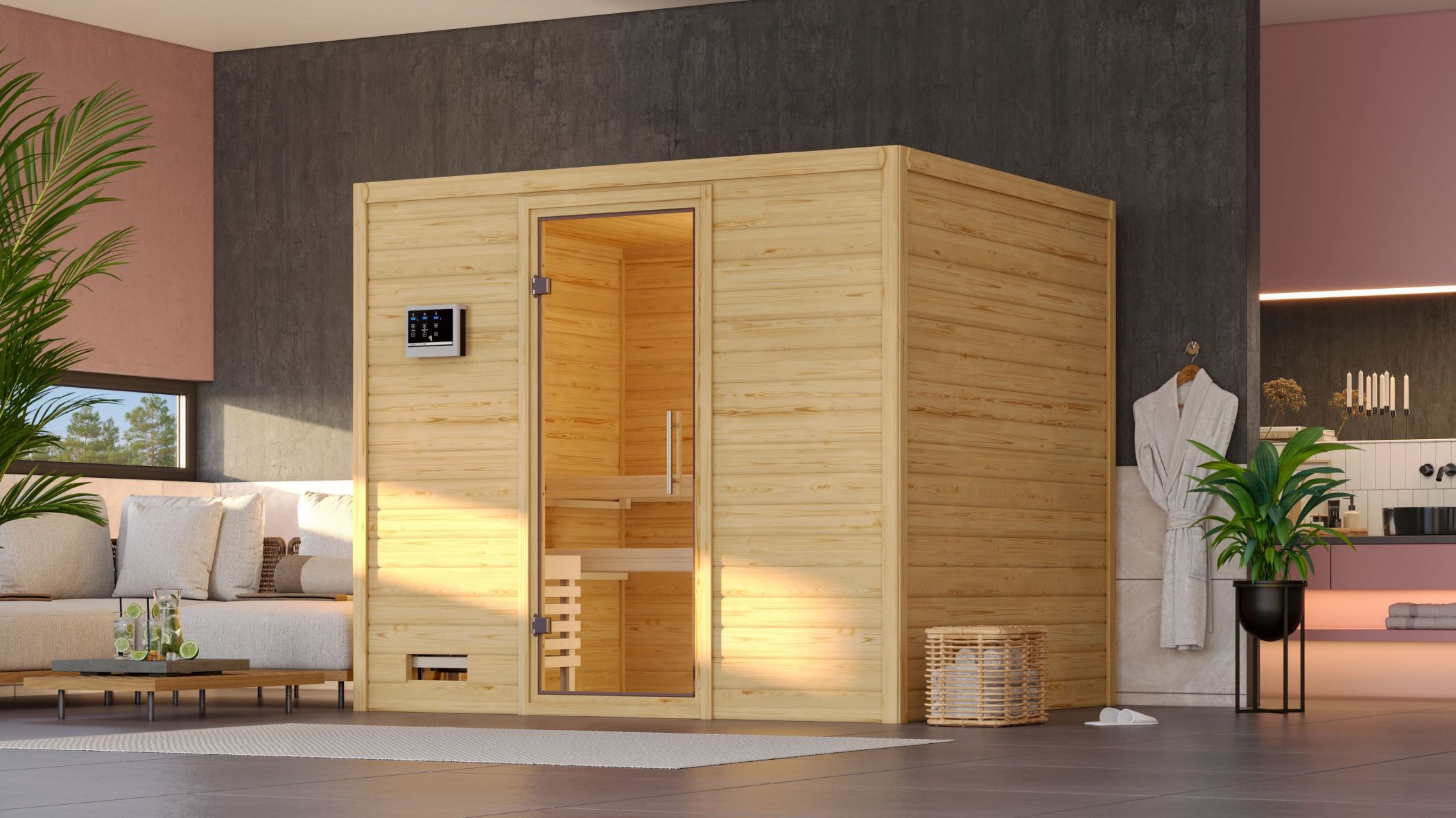 Karibu Sauna Sonara als hochwertige Sauna aus nordischer Fichte im Wohnraum-Ambiente
