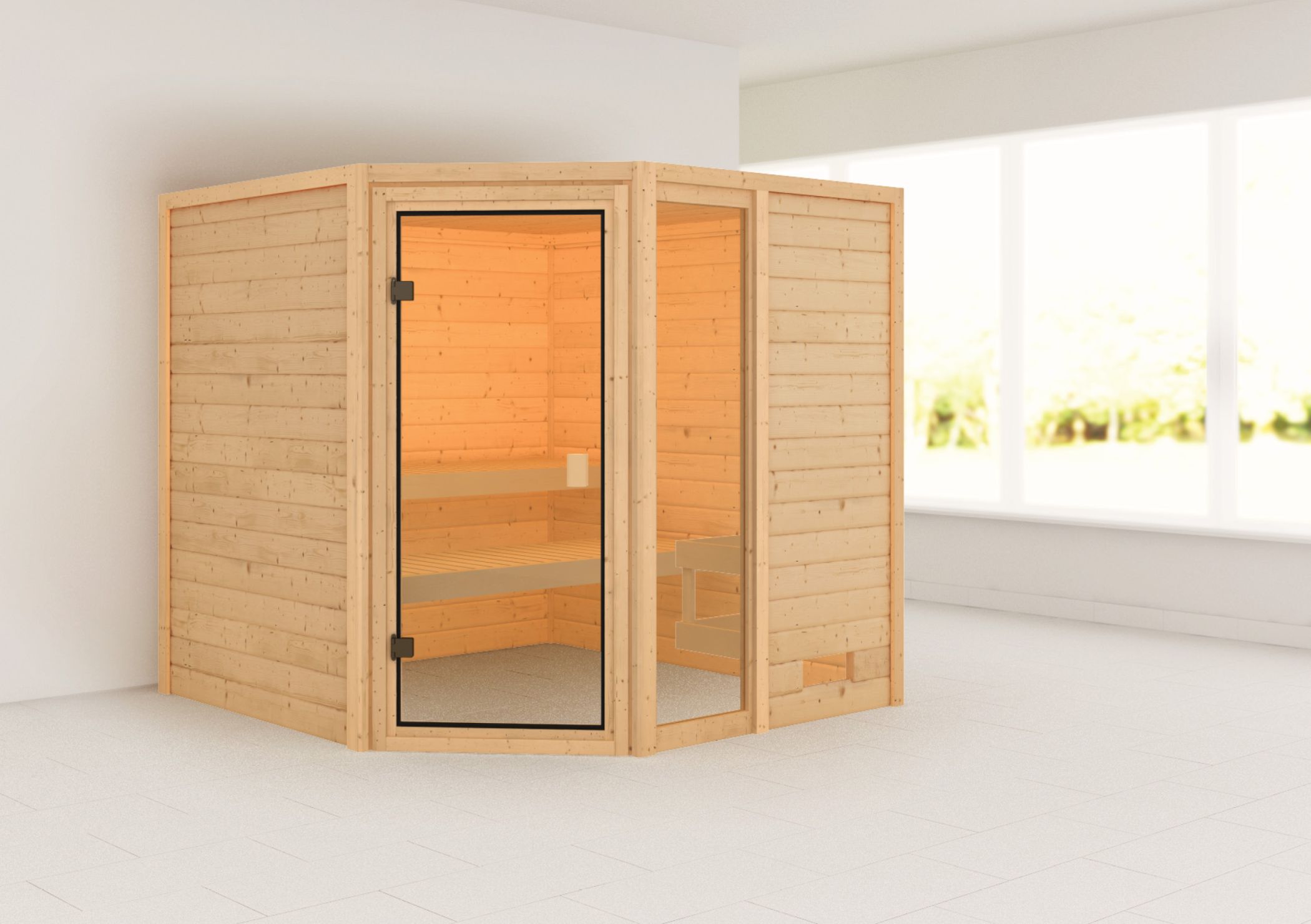 Außenansicht der Karibu Sauna Tabea aus nordischer Fichte mit Ganzglastür und Fronteinstieg