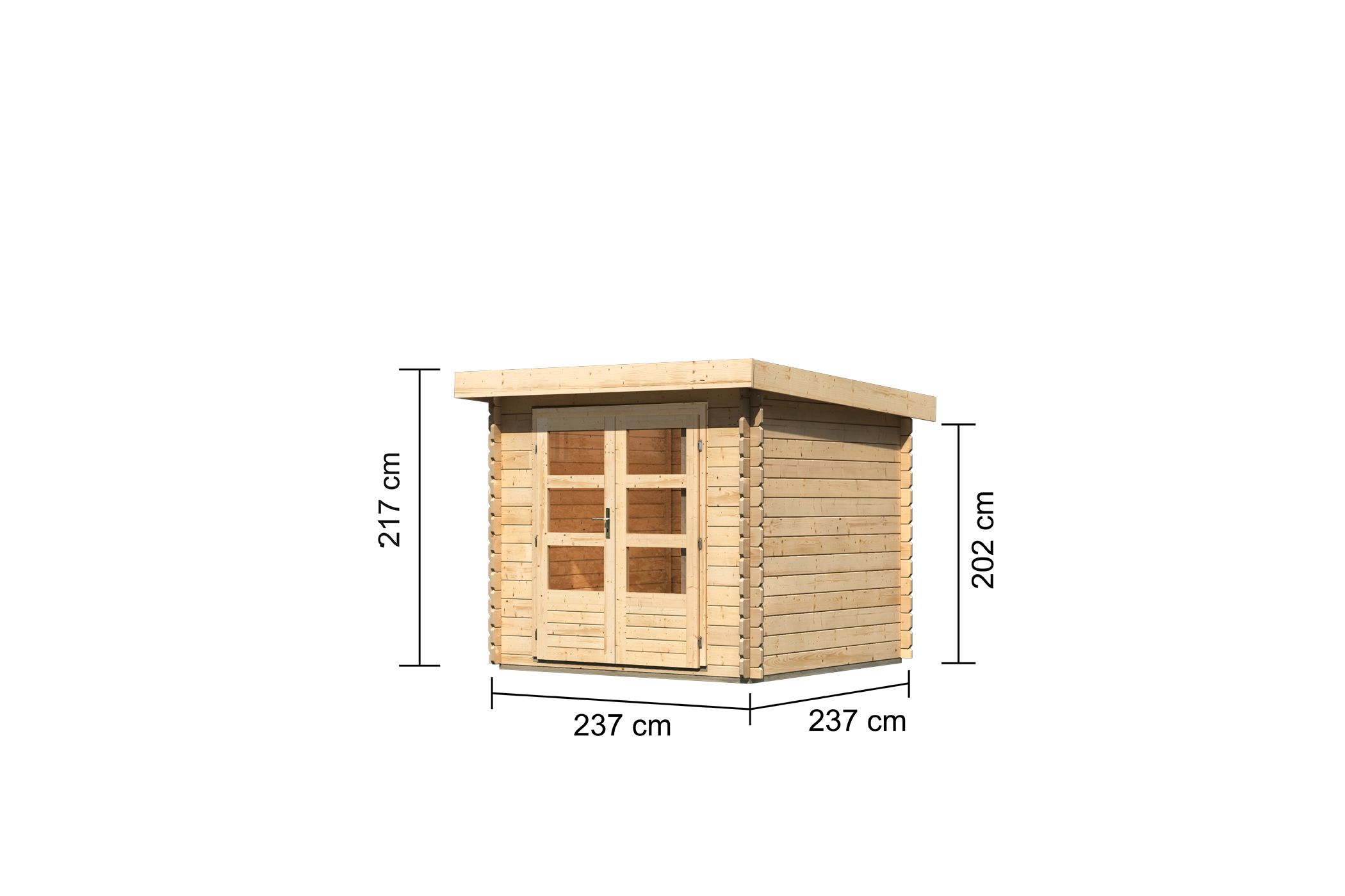 Bemaßte Maßzeichnung des Karibu Gerätehaus Bastrup 2, 237 × 237 cm