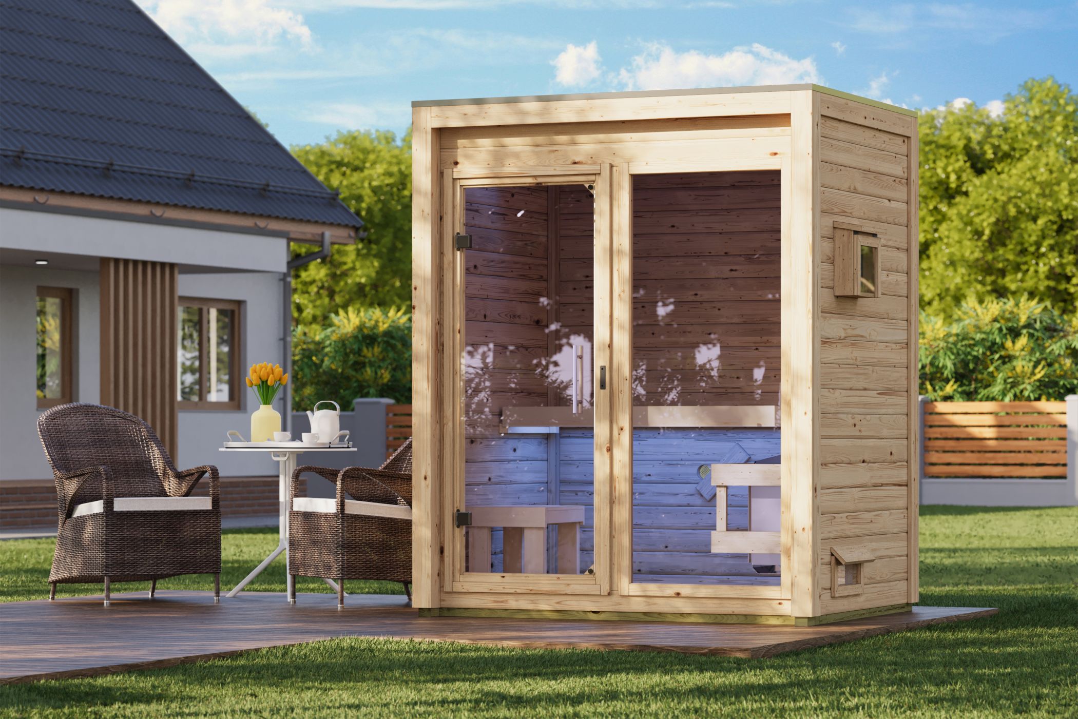 Karibu Saunahaus Hycore 1 als Gartensauna aus Massivholz im Garten mit Glasfront