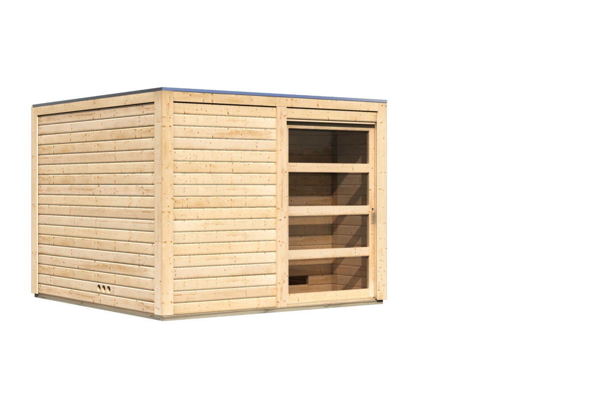 Freistellende Außenansicht der Karibu Saunahaus Cuben mit Vorraum aus Massivholz mit Glasfront und Lamellenwänden