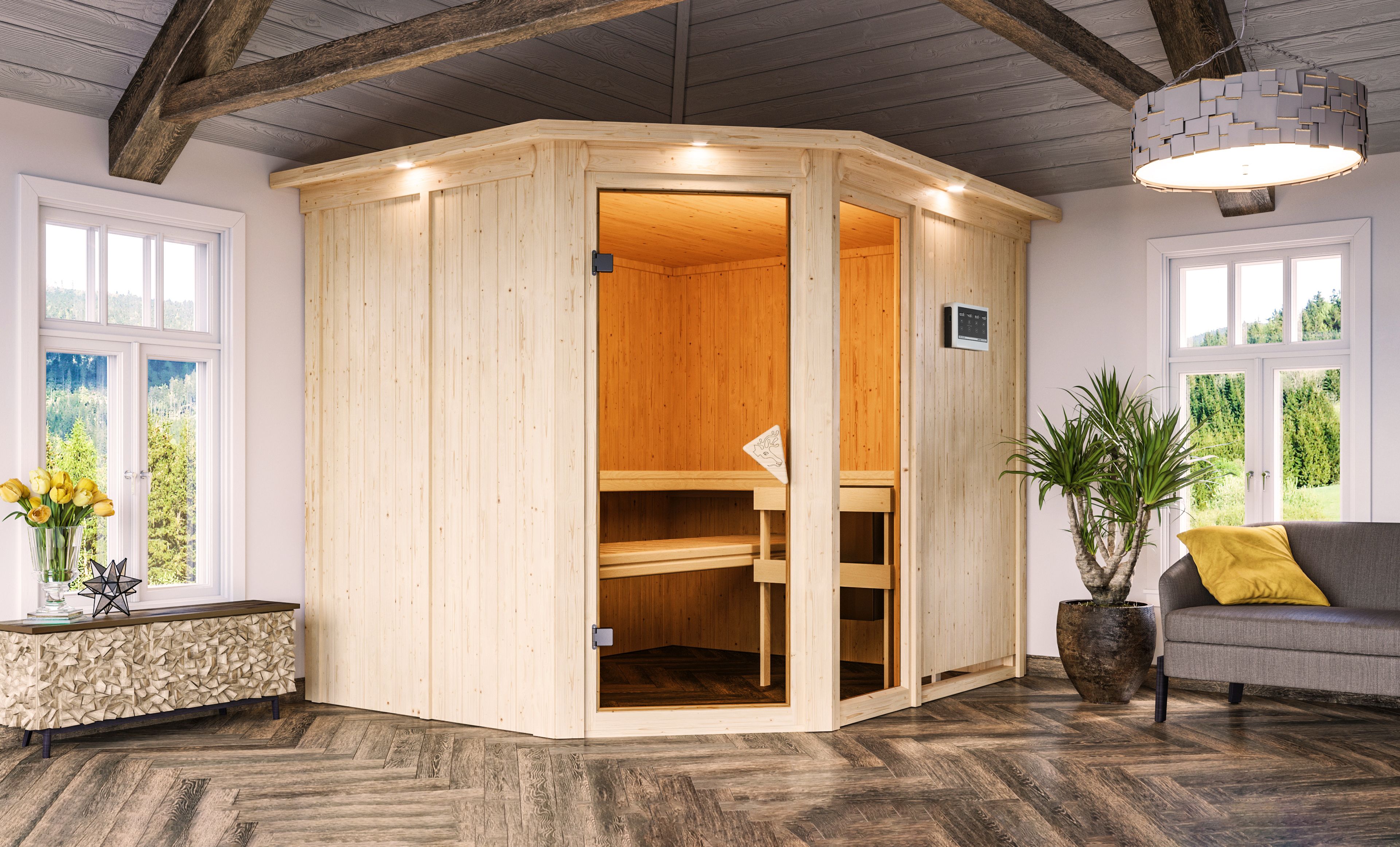 Karibu Sauna Fiona 3 als stimmungsvoller Wellnessbereich in einem modern eingerichteten Wohnraum