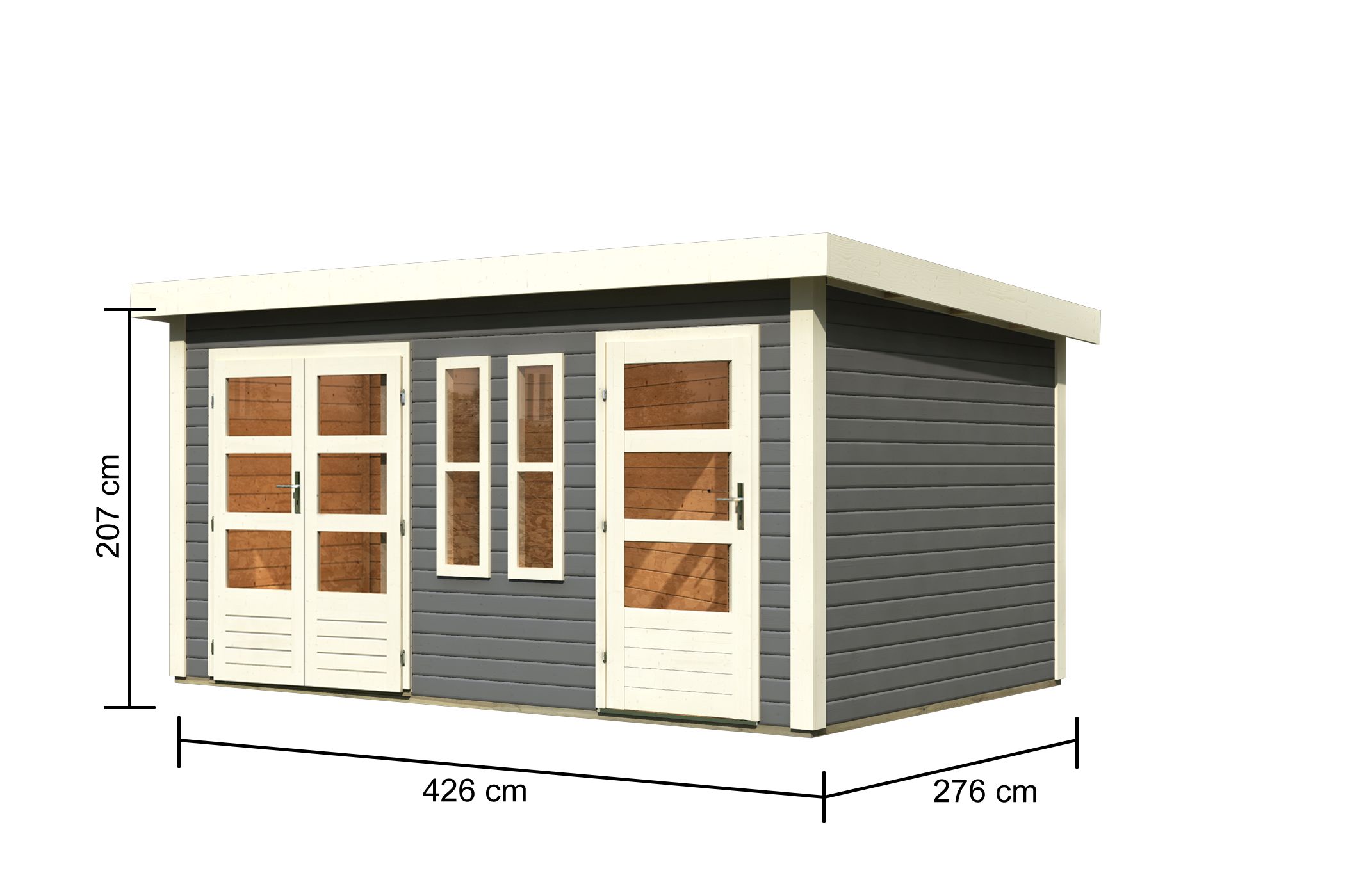 Bemaßte Maßzeichnung des Karibu Gartenhaus Schönbuch 2, 426 × 276 cm