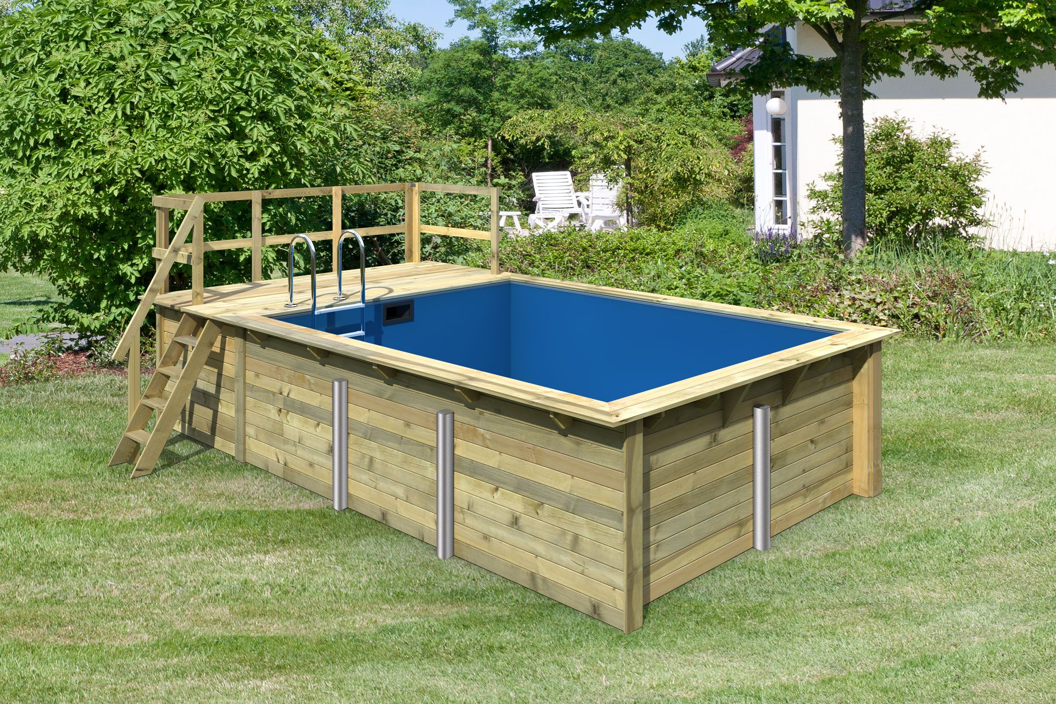 Ausstattungsübersicht des Karibu Rechteck Pool 2 in 44-mm-Blockbohlenbauweise mit Doppelflügeltür und Massivholzdach