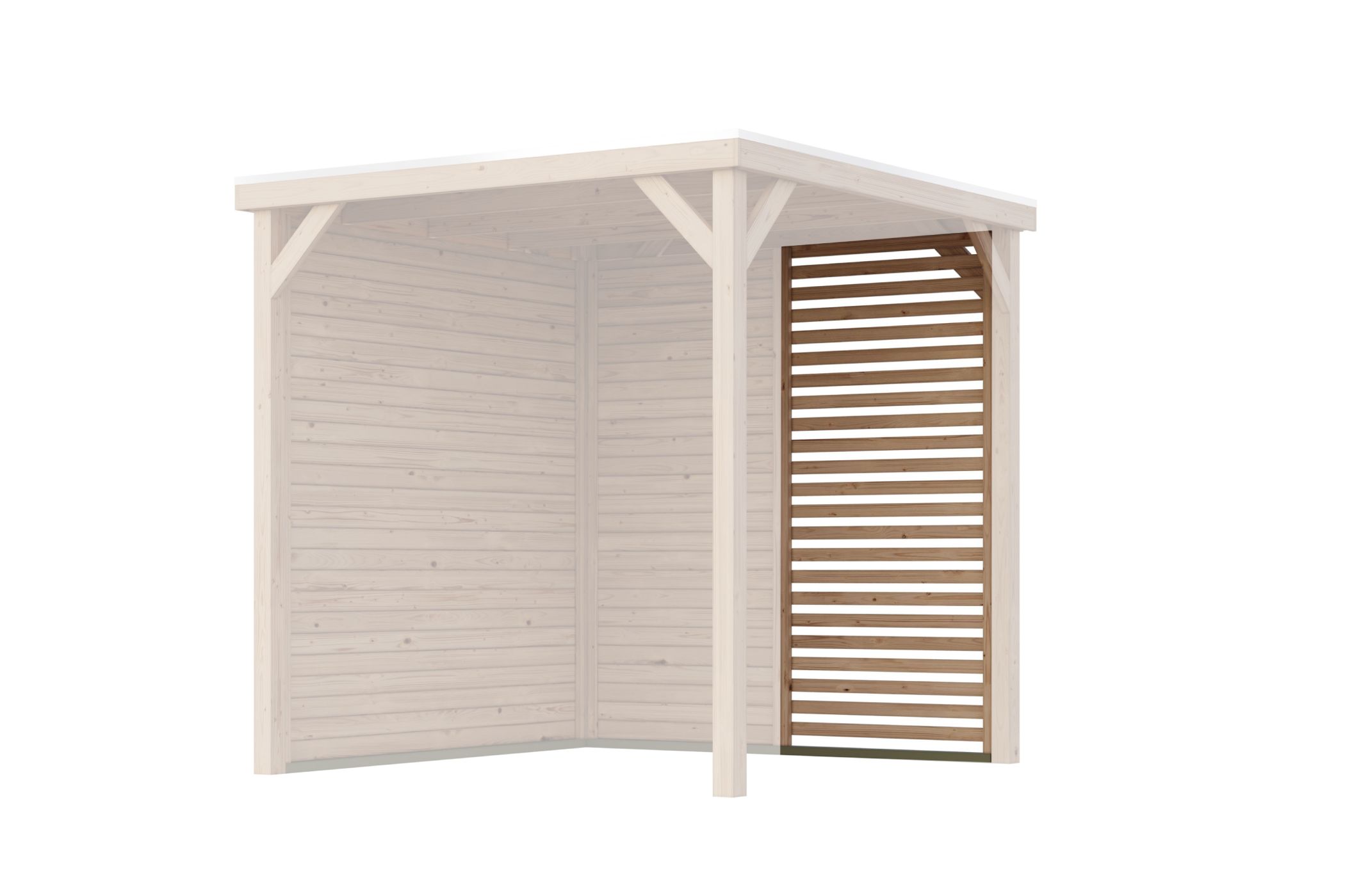 Außenansicht des Karibu Cubeco Pavillon Lamellenseitenwand halb aus Leimholz mit Flachdach im Garten aufgebaut