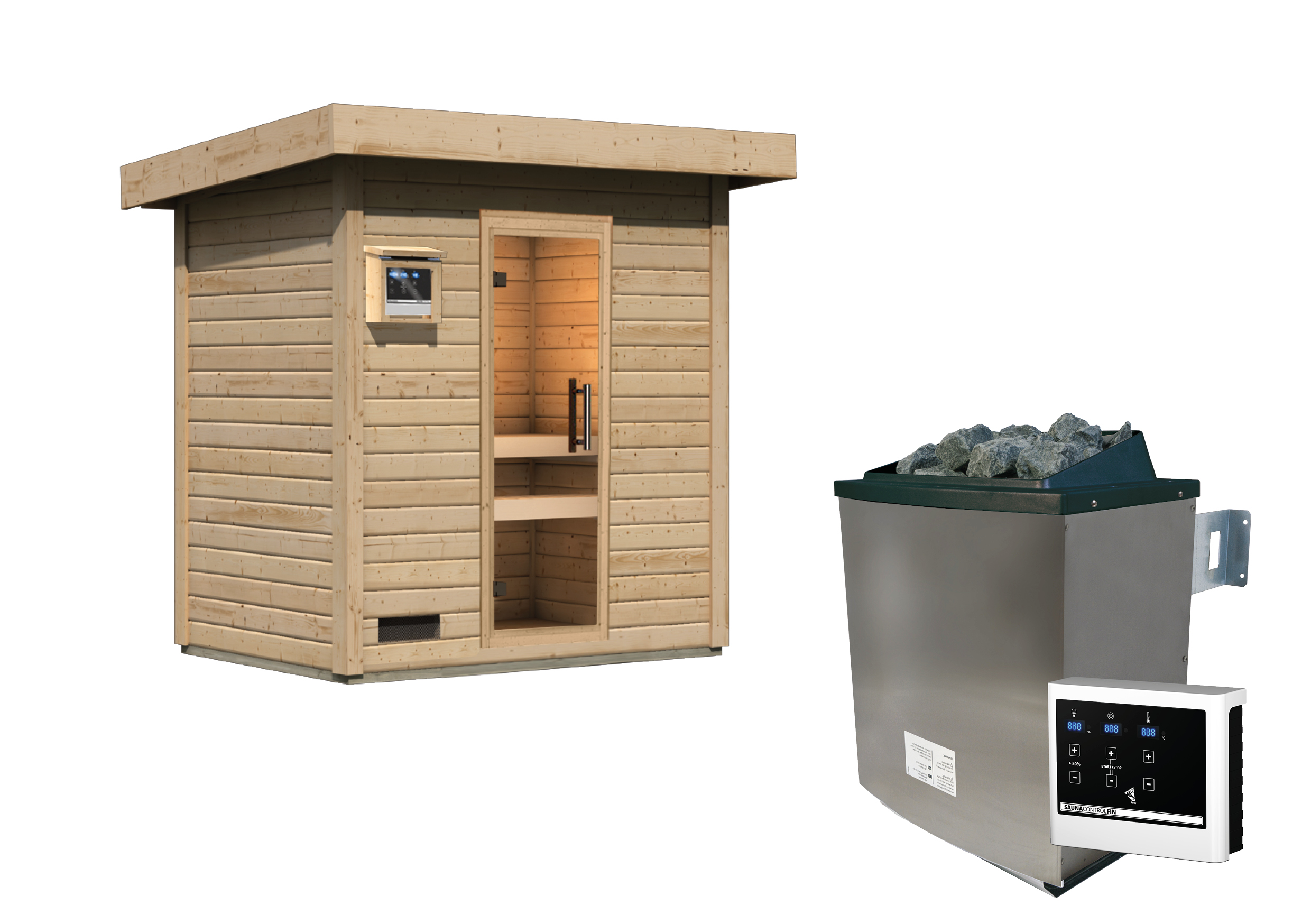 Freistellende Außenansicht der Karibu Saunahaus Hytti 1 Exclusive aus Massivholz mit Glasfront