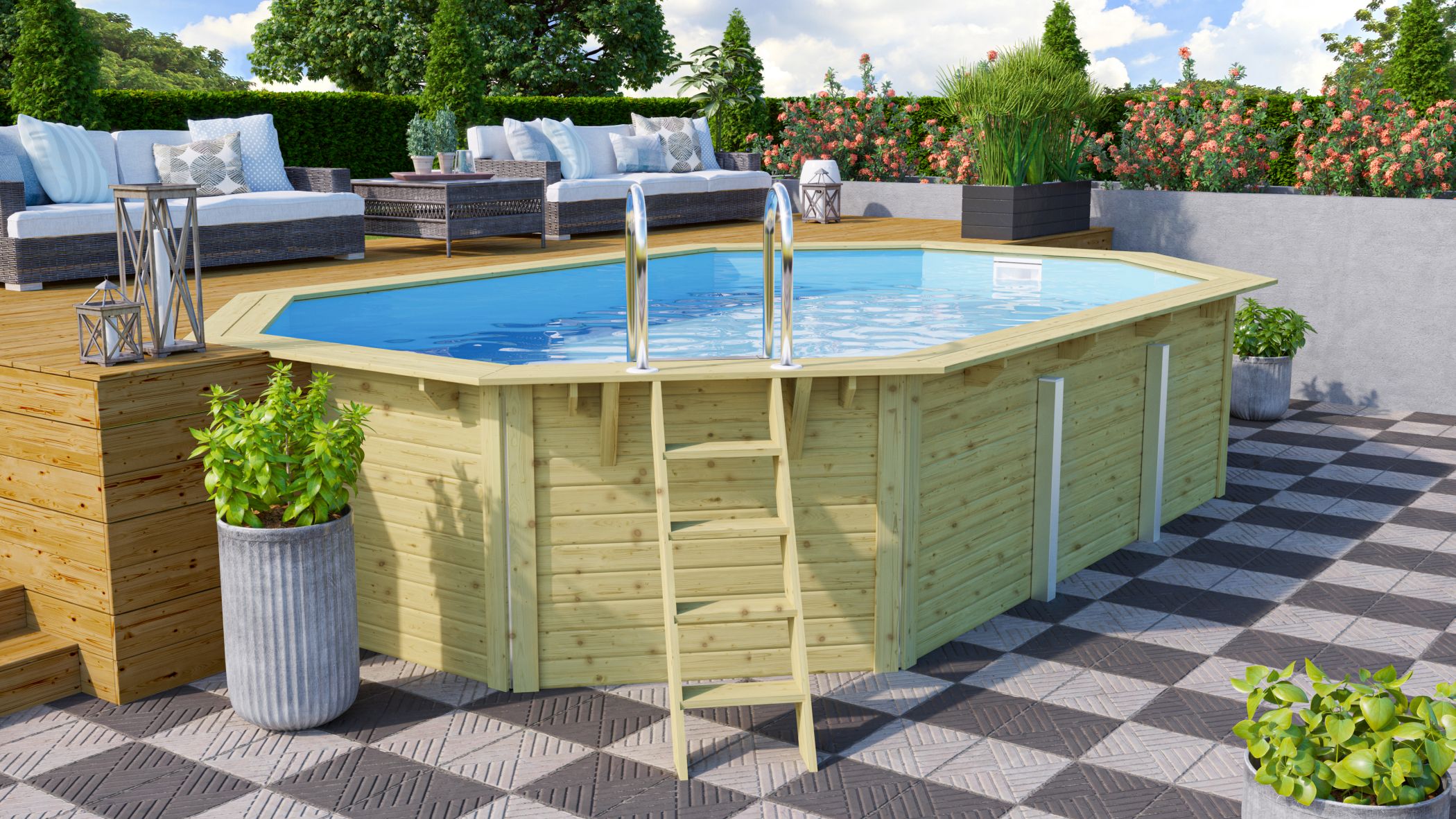 Karibu Pool Modell X4 mit Anbaudach im Garten