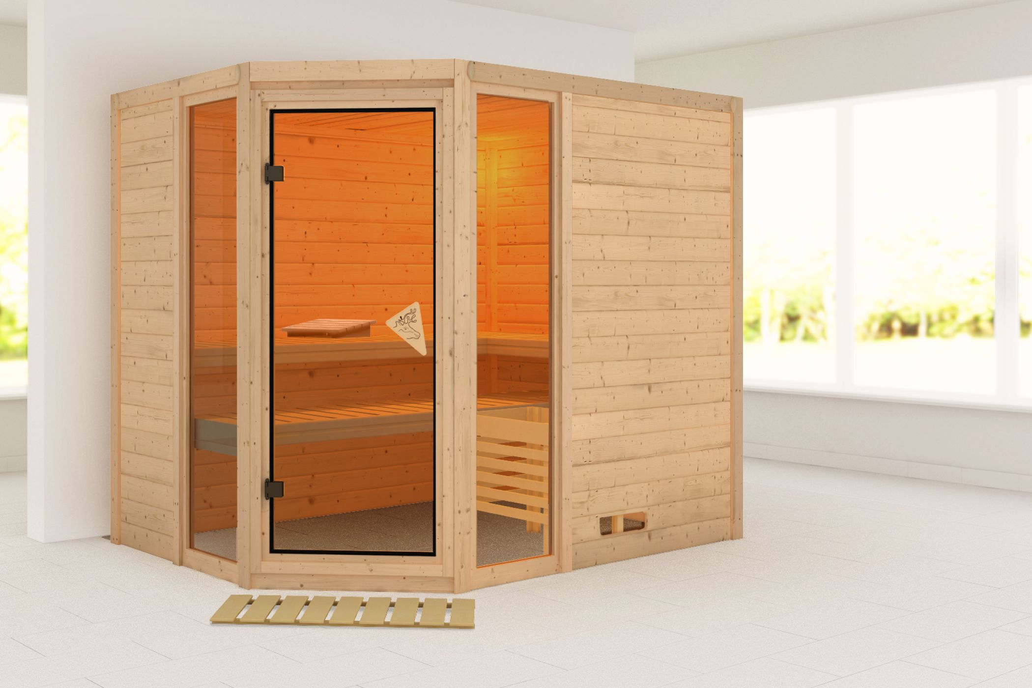 Außenansicht der Karibu Sauna Sinai 3 aus nordischer Fichte mit Ganzglastür und Fronteinstieg
