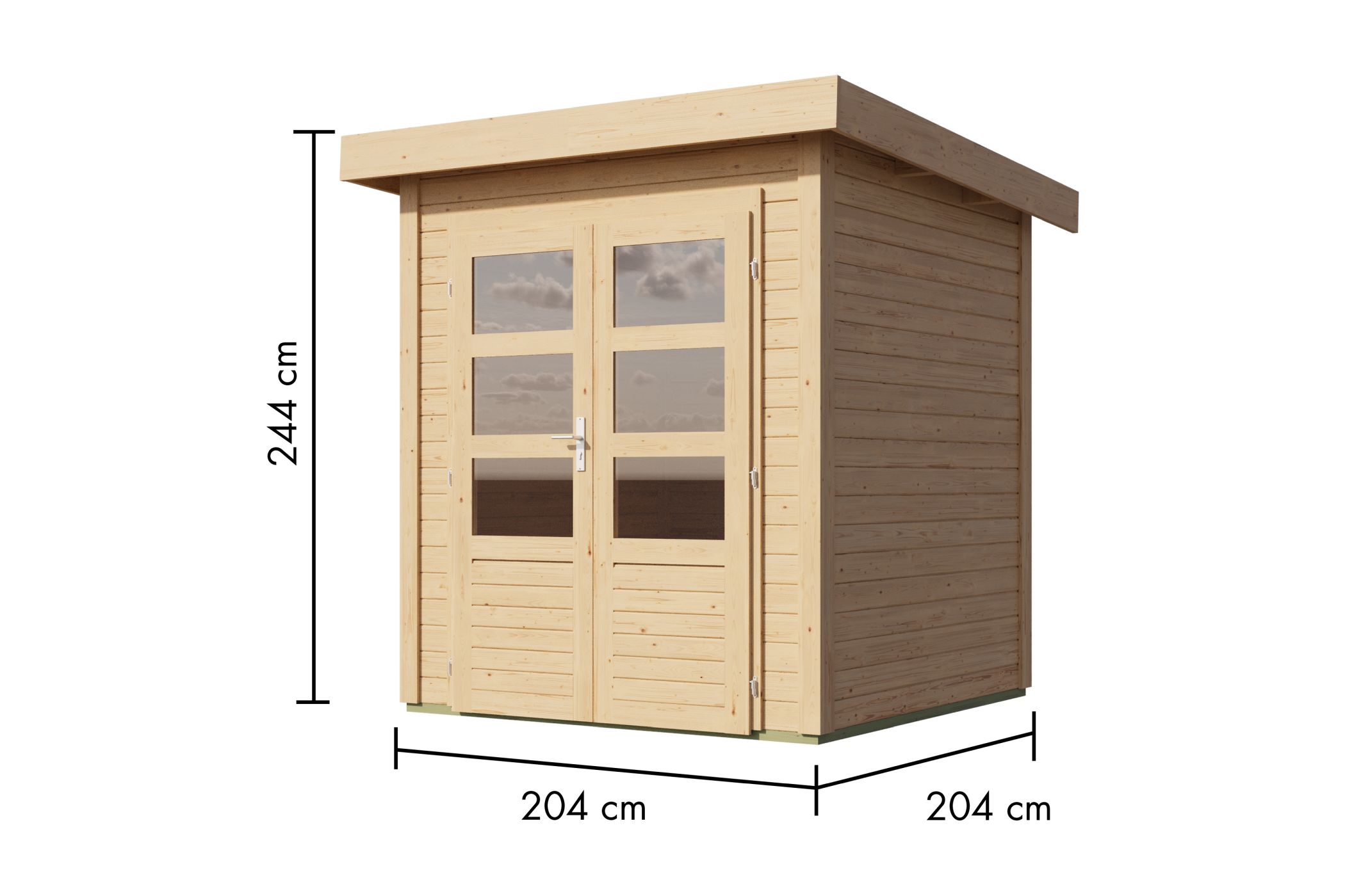 Bemaßte Maßzeichnung des Karibu Gartenhaus Kolbin 1 XXL (Extra hohe Tür) mit Bemaßung