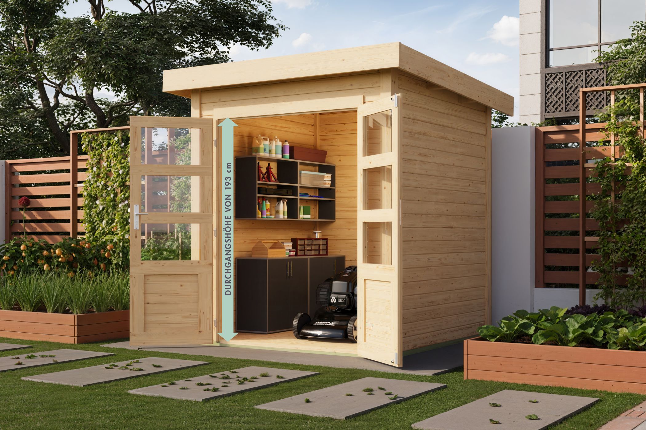 Karibu Gartenhaus Kolbin 1 XXL (Extra hohe Tür) in Naturbelassen im Garten