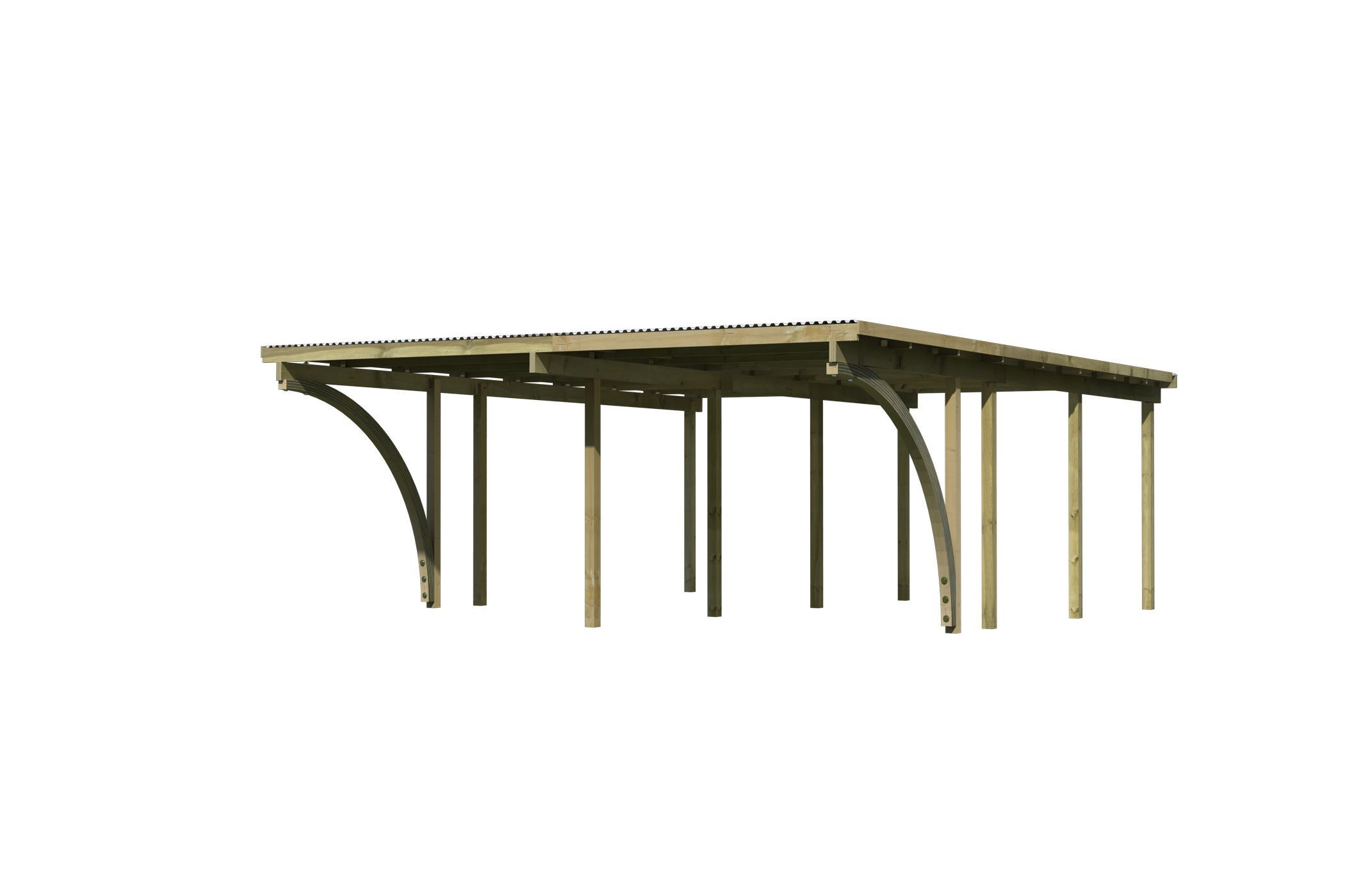 Außenansicht des Karibu Doppelcarport BASIC 2 aus KDI-Massivholz mit Flachdach im Garten aufgebaut