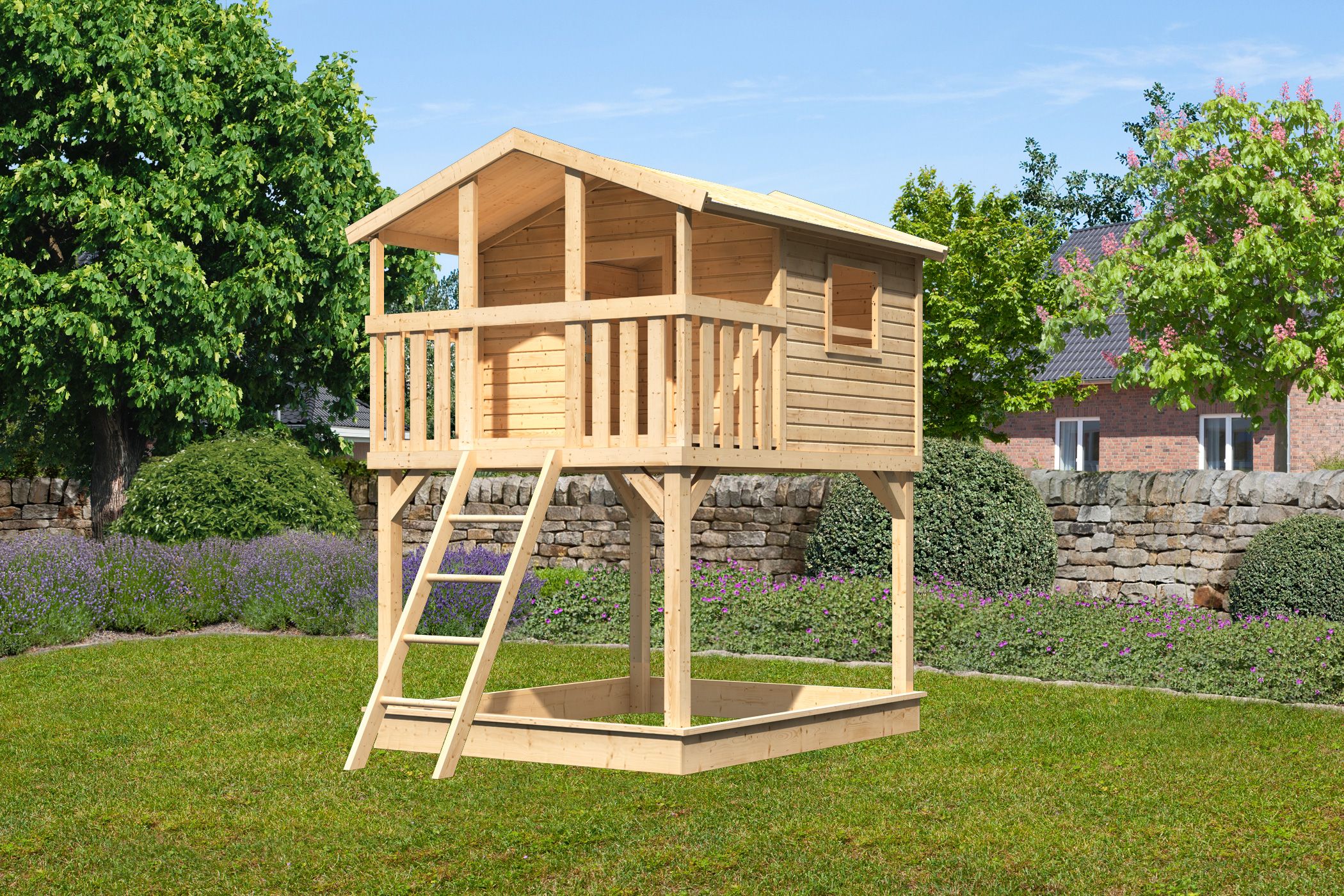 Karibu Stelzenhaus Benjamin aus Holz, im Garten aufgebaut