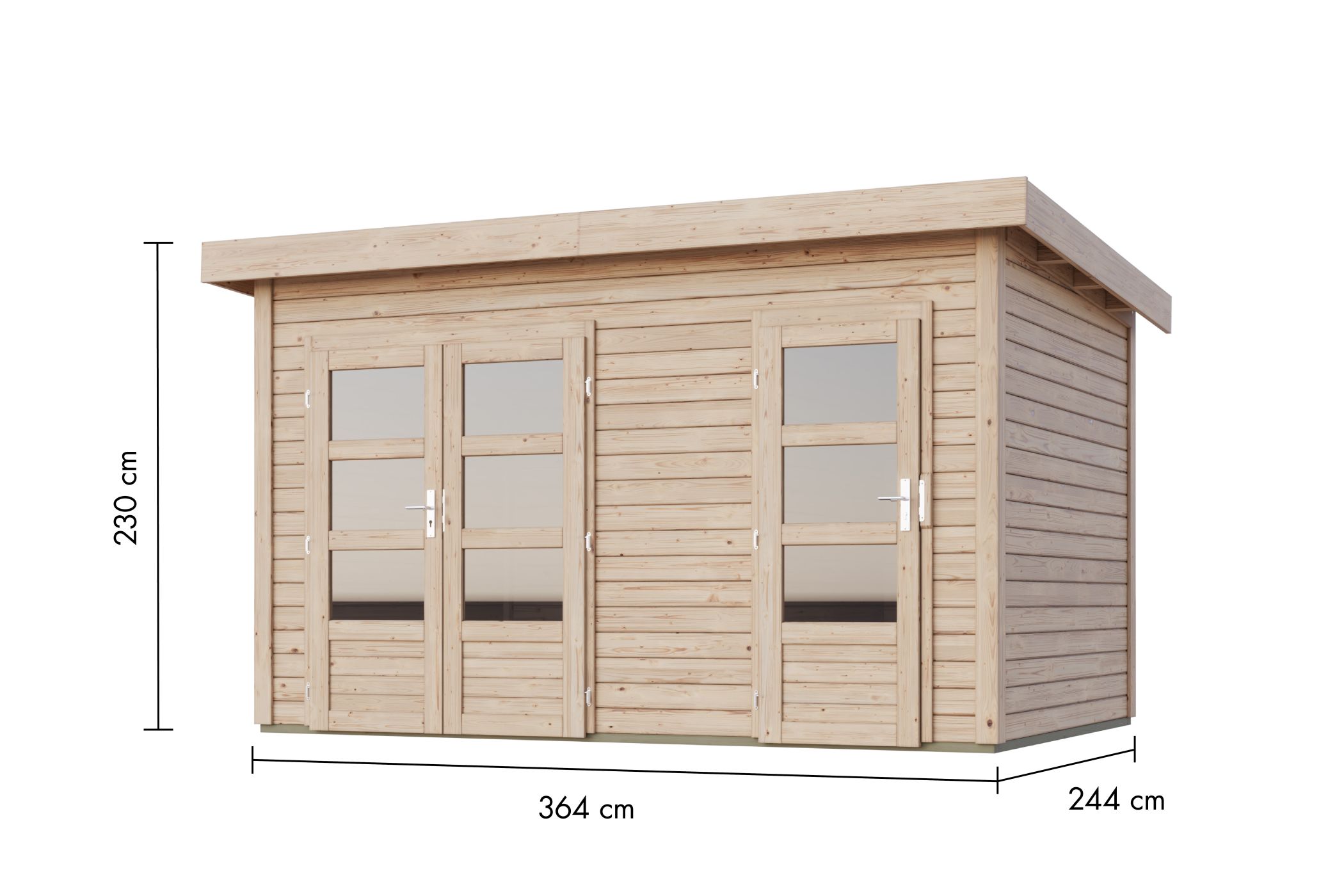 Bemaßte Maßzeichnung des Karibu Gartenhaus Tintrup, 364 × 244 cm