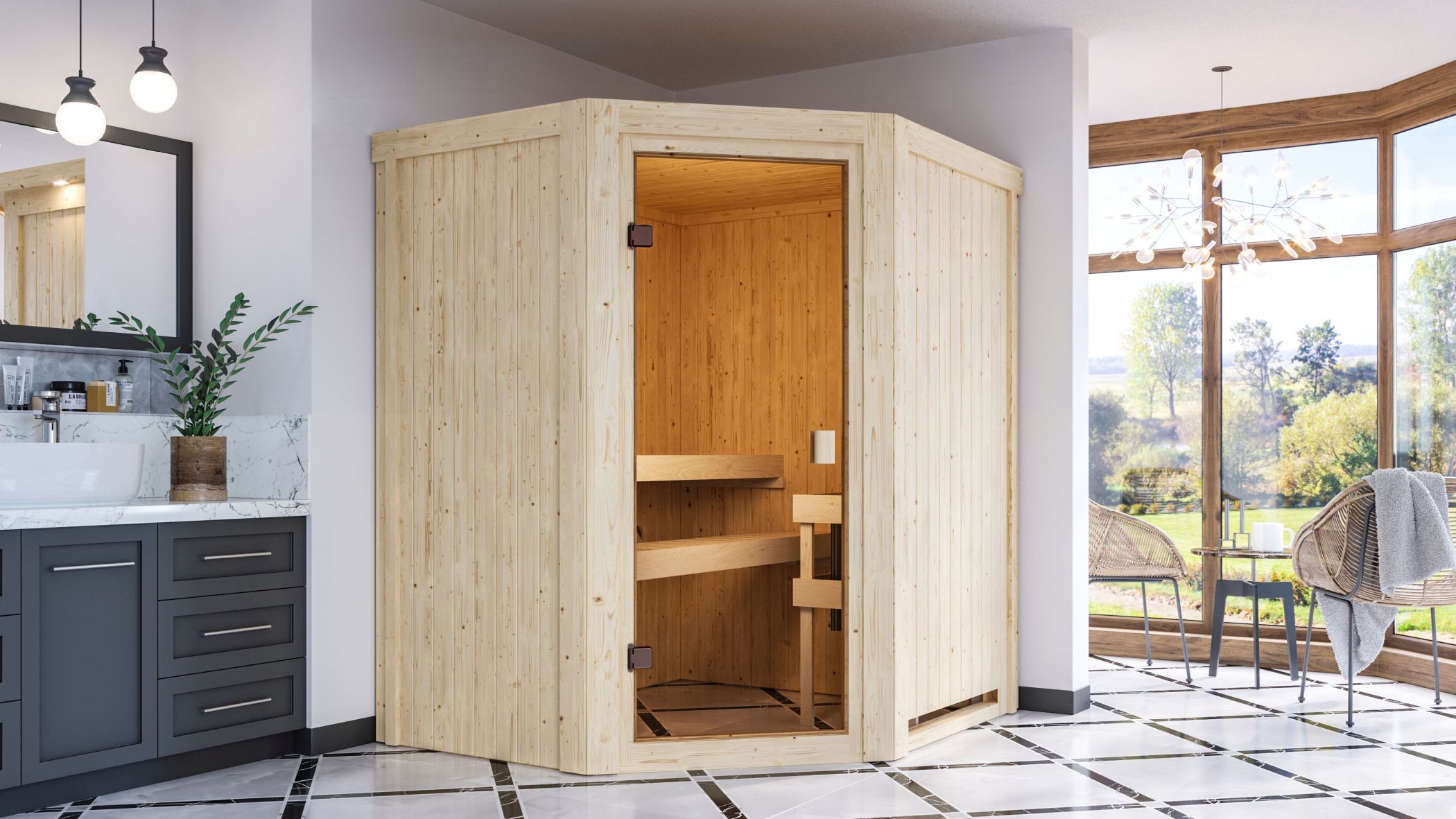 Karibu Sauna Faurin als hochwertige Sauna aus nordischer Fichte im Wohnraum-Ambiente