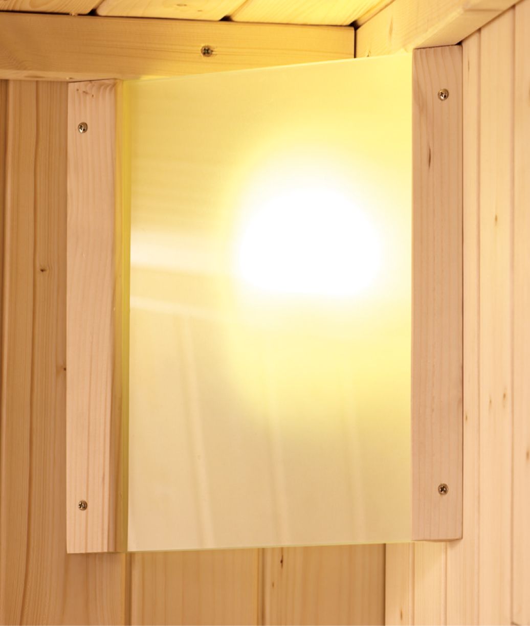 Massivholz-Bauweise der Karibu Sauna aus 38 mm Wandstärke mit doppelter Nut-und-Feder-Verbindung