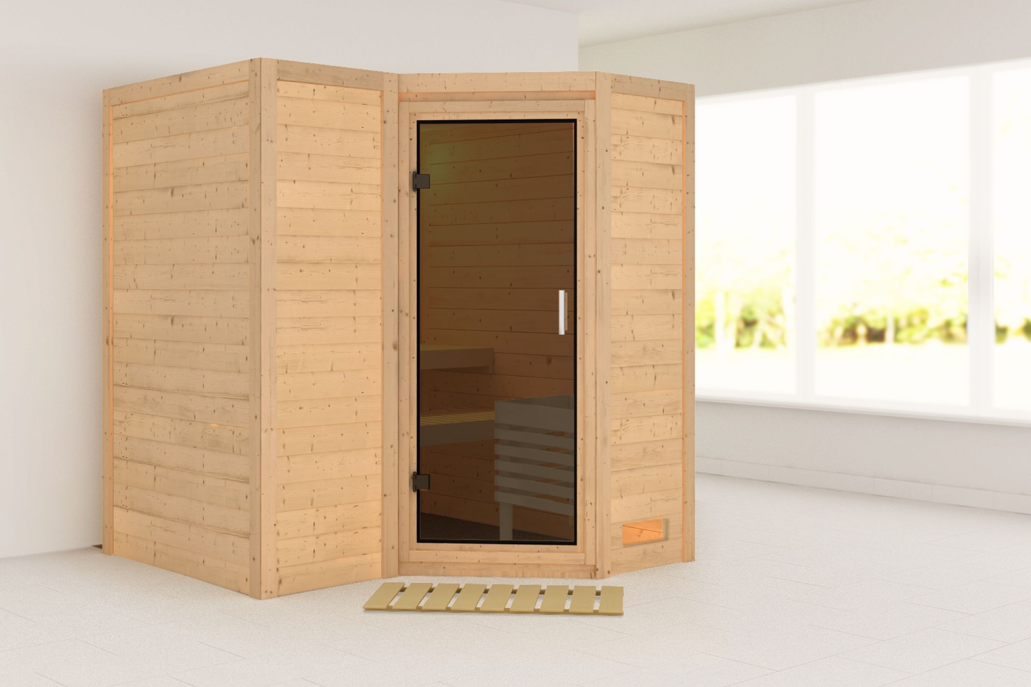 Außenansicht der Karibu Sauna Sahib 1 aus nordischer Fichte mit graphitfarbener Ganzglastür und Fronteinstieg
