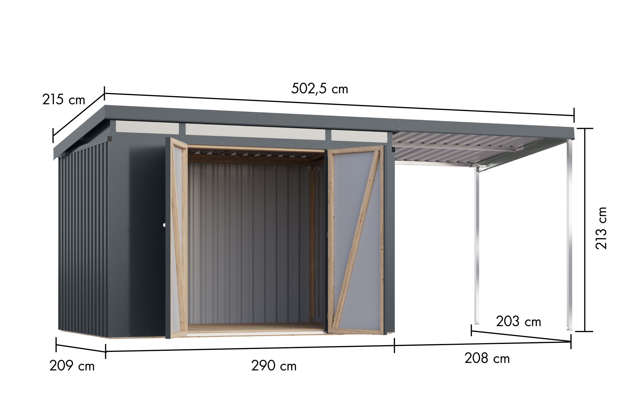 Bemaßte Maßzeichnung des Karibu Gerätehaus aus Metall Iridium 3, 497 × 209 cm