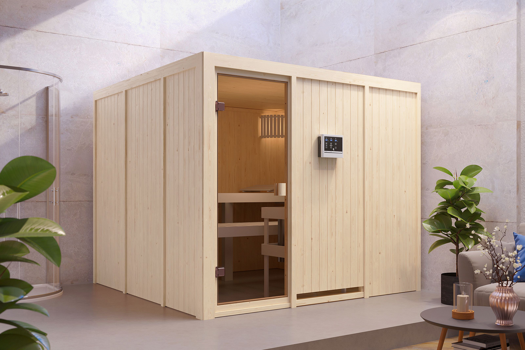 Karibu Sauna Arvika als hochwertige Sauna aus nordischer Fichte im Wohnraum-Ambiente