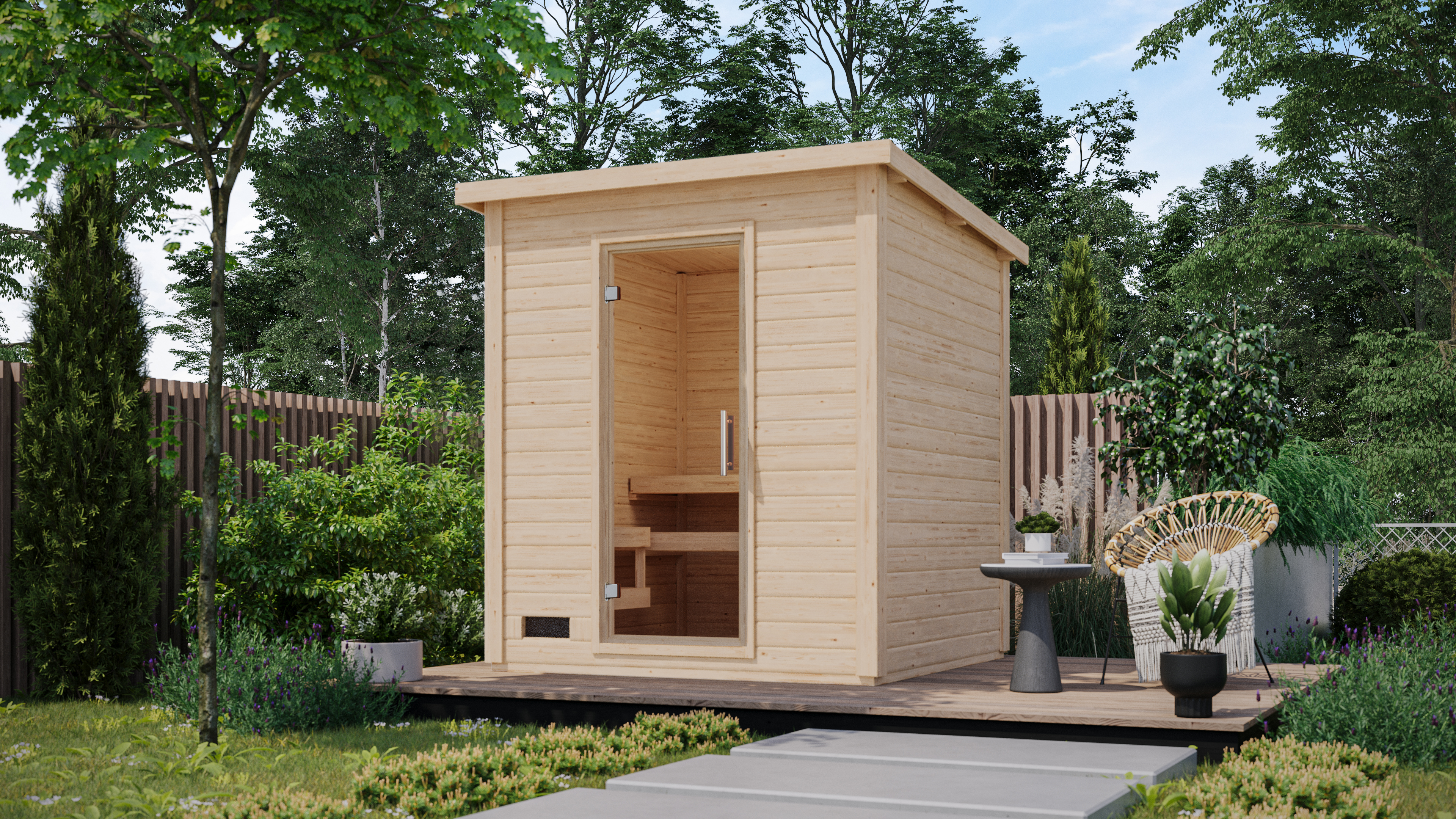 Karibu Saunahaus Hytti 2 Exclusive als stimmungsvoller Wellnessbereich im Garten aufgebaut