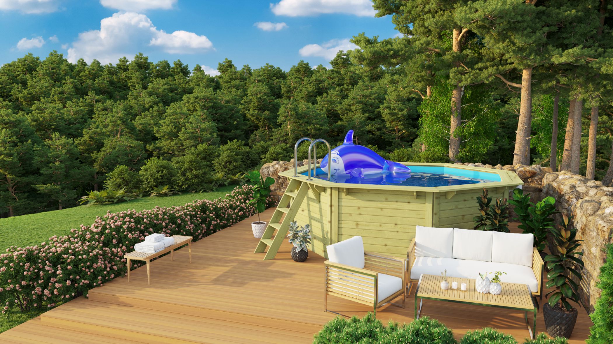 Karibu Pool Modell X1 mit Anbaudach im Garten