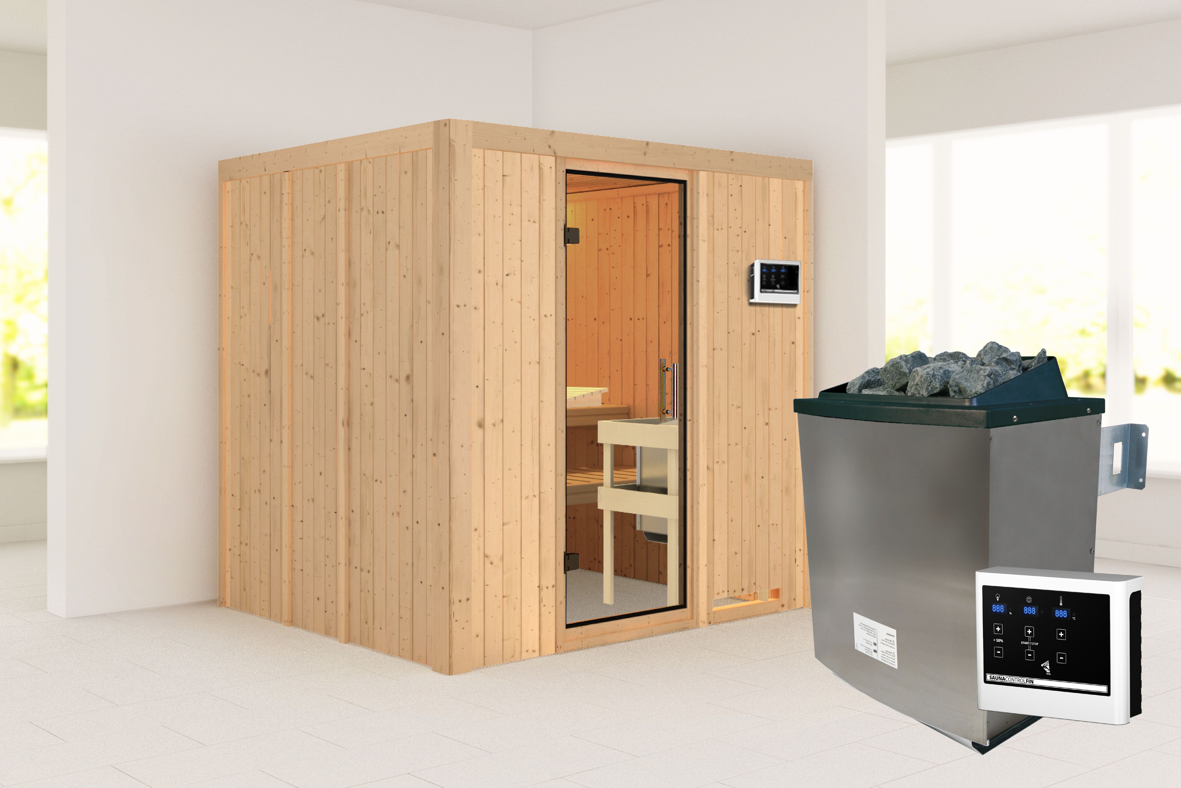 Außenansicht der Karibu Sauna Sodin aus nordischer Fichte mit Klarglas-Ganzglastür und Fronteinstieg