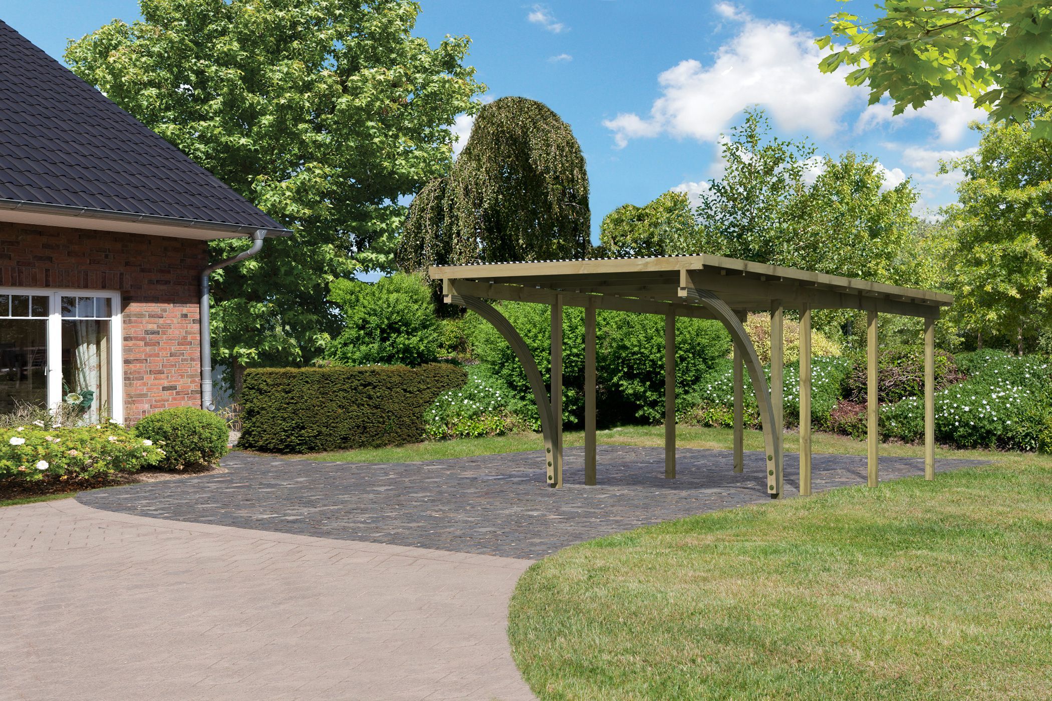 Außenansicht des Karibu Einzelcarport BASIC 2 aus KDI-Massivholz mit Flachdach im Garten aufgebaut