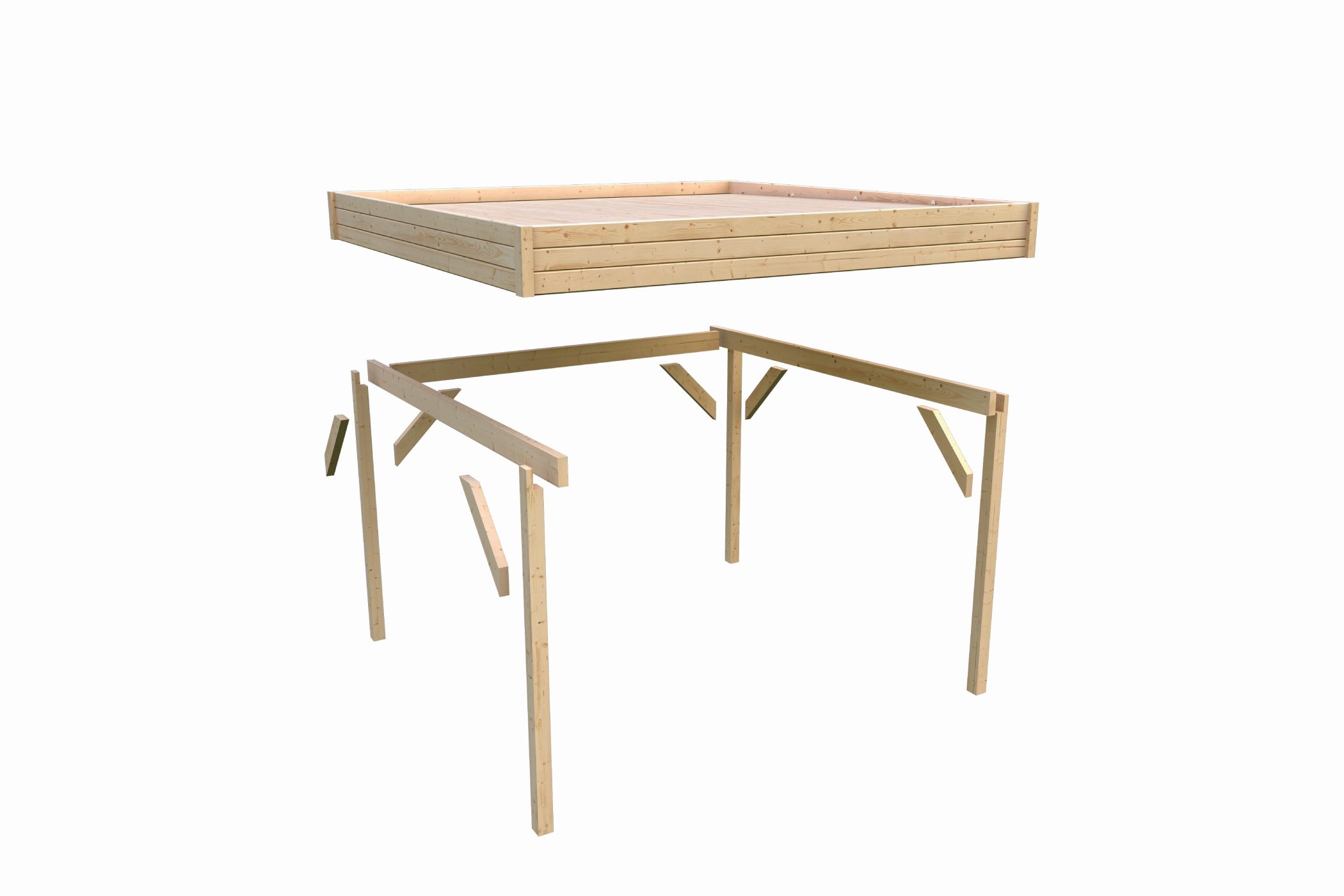 Aufbaudarstellung des Karibu Cubeco Pavillon im mit Pfosten, Querverbindern und Flachdach im Überblick