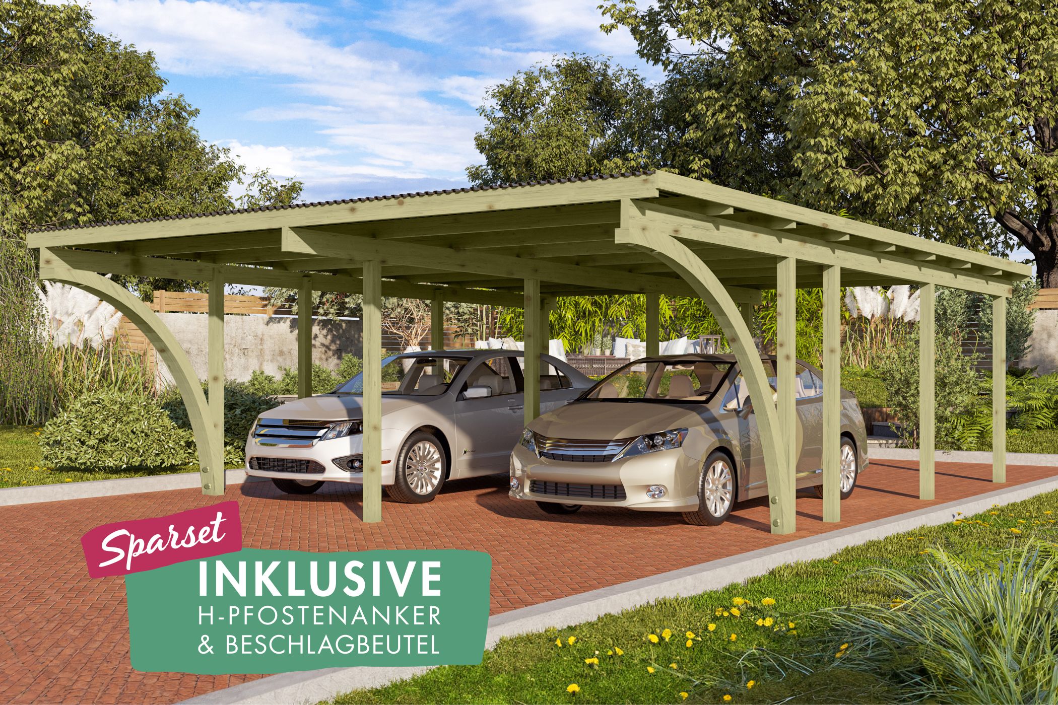 Karibu Doppelcarport BASIC 2 aus KDI-Massivholz mit Flachdach im Garten aufgebaut