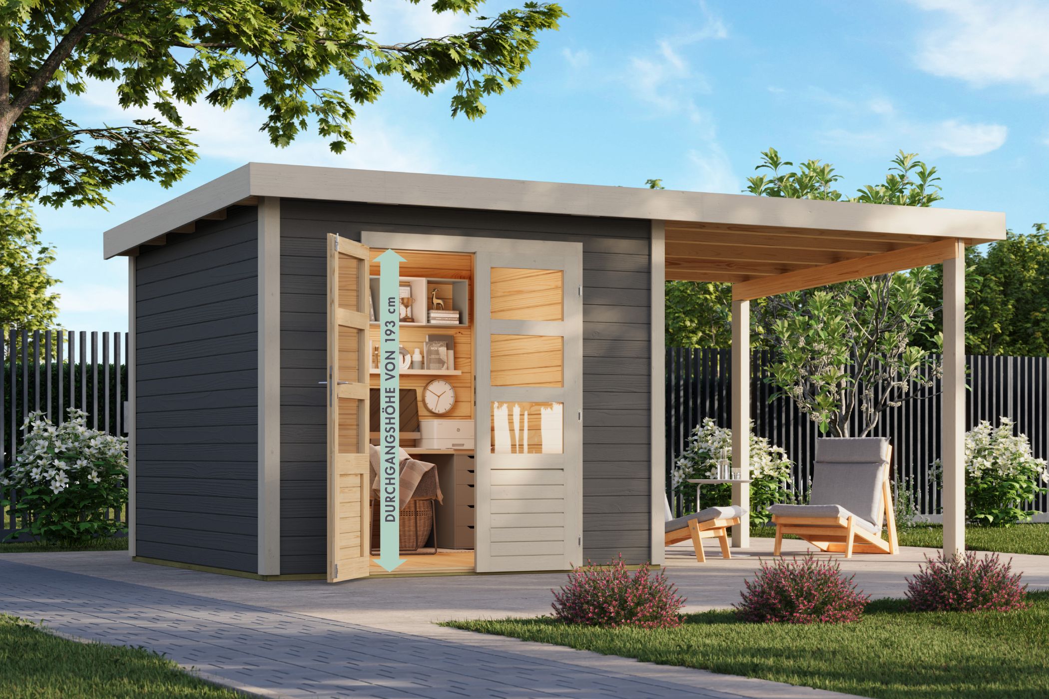 Karibu Gartenhaus Kolbin 6 XXL in Terragrau im Garten