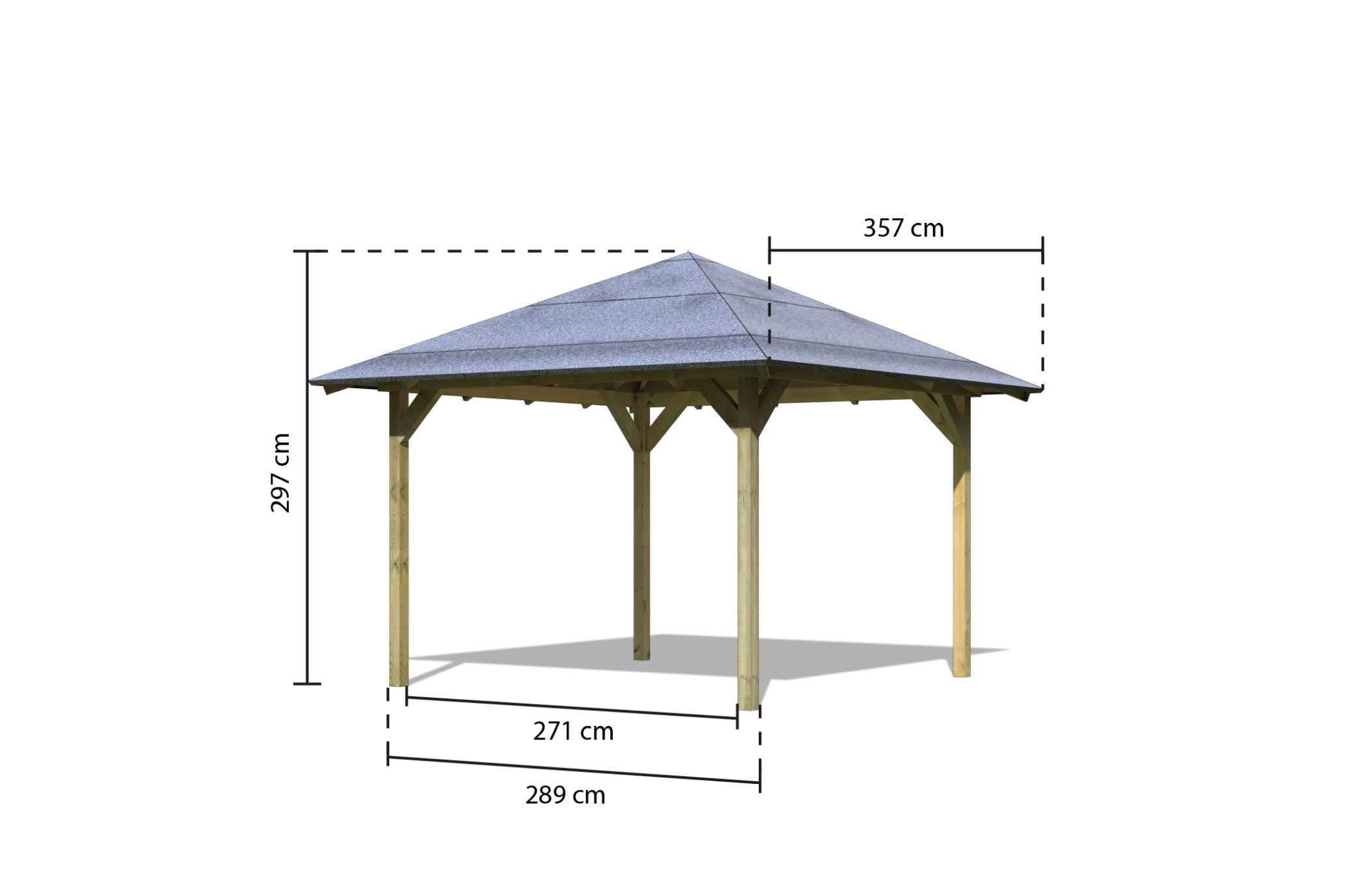 Maßzeichnung des Karibu Pavillon Cordoba mit Dachmaß 357 × 357 cm und Firsthöhe 297 cm