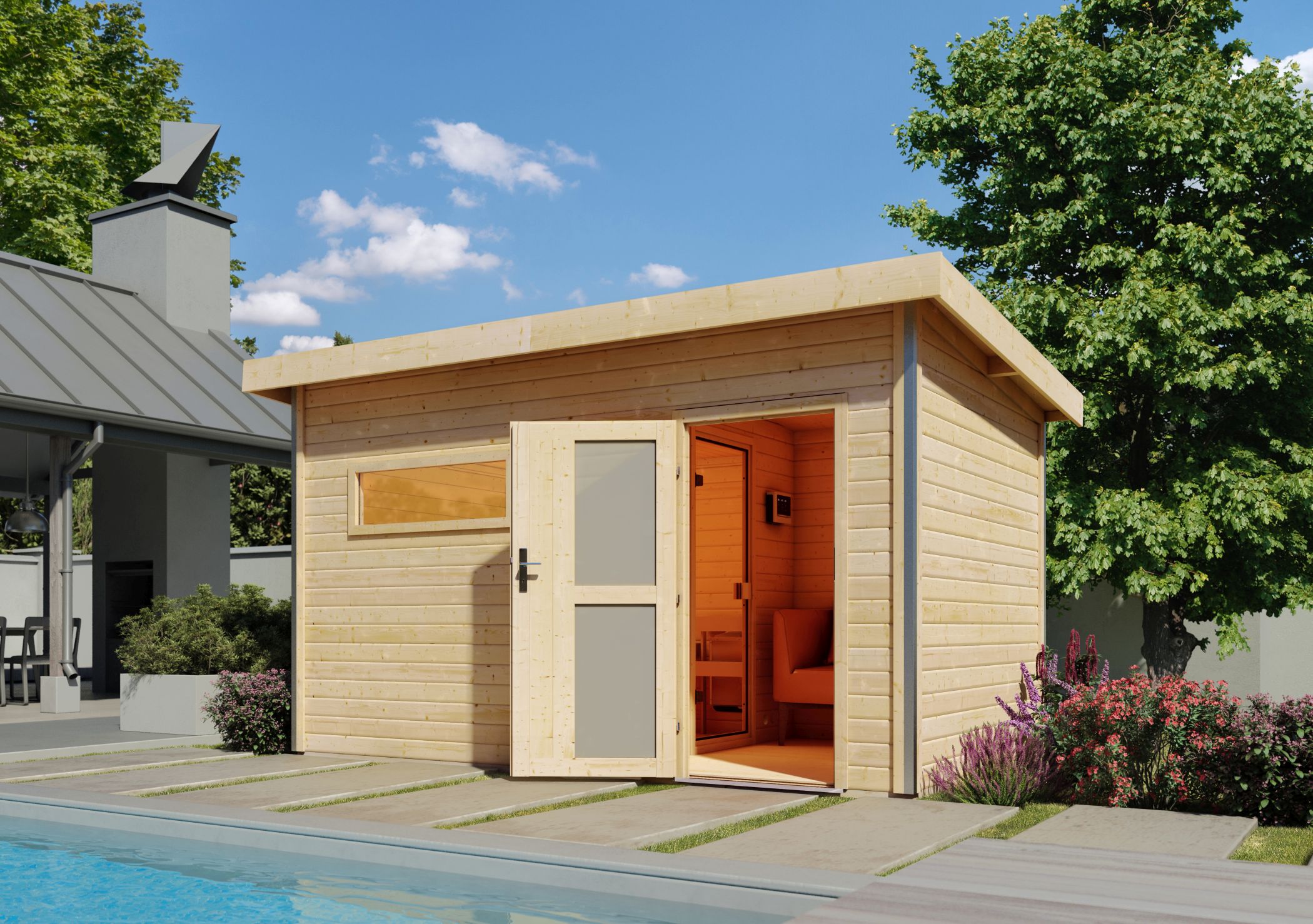 Karibu Saunahaus Skrollan 3 mit Vorraum als Gartensauna aus Massivholz im Garten mit Glasfront
