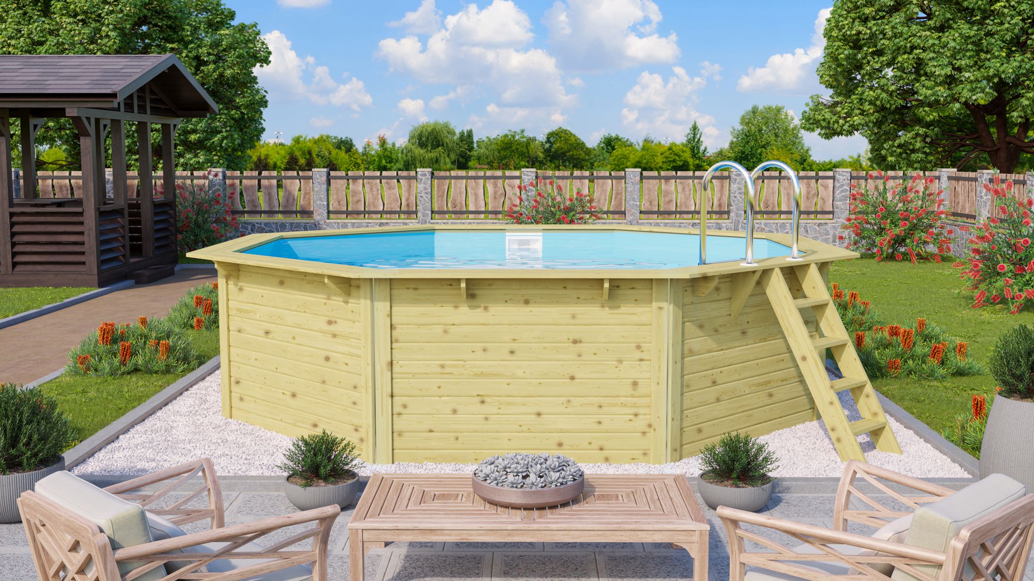 Karibu Pool Modell X2 mit Anbaudach im Garten