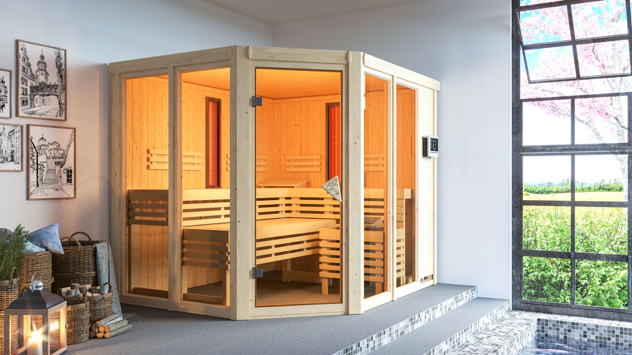 Karibu Sauna Ava als hochwertige Sauna aus nordischer Fichte im Wohnraum-Ambiente