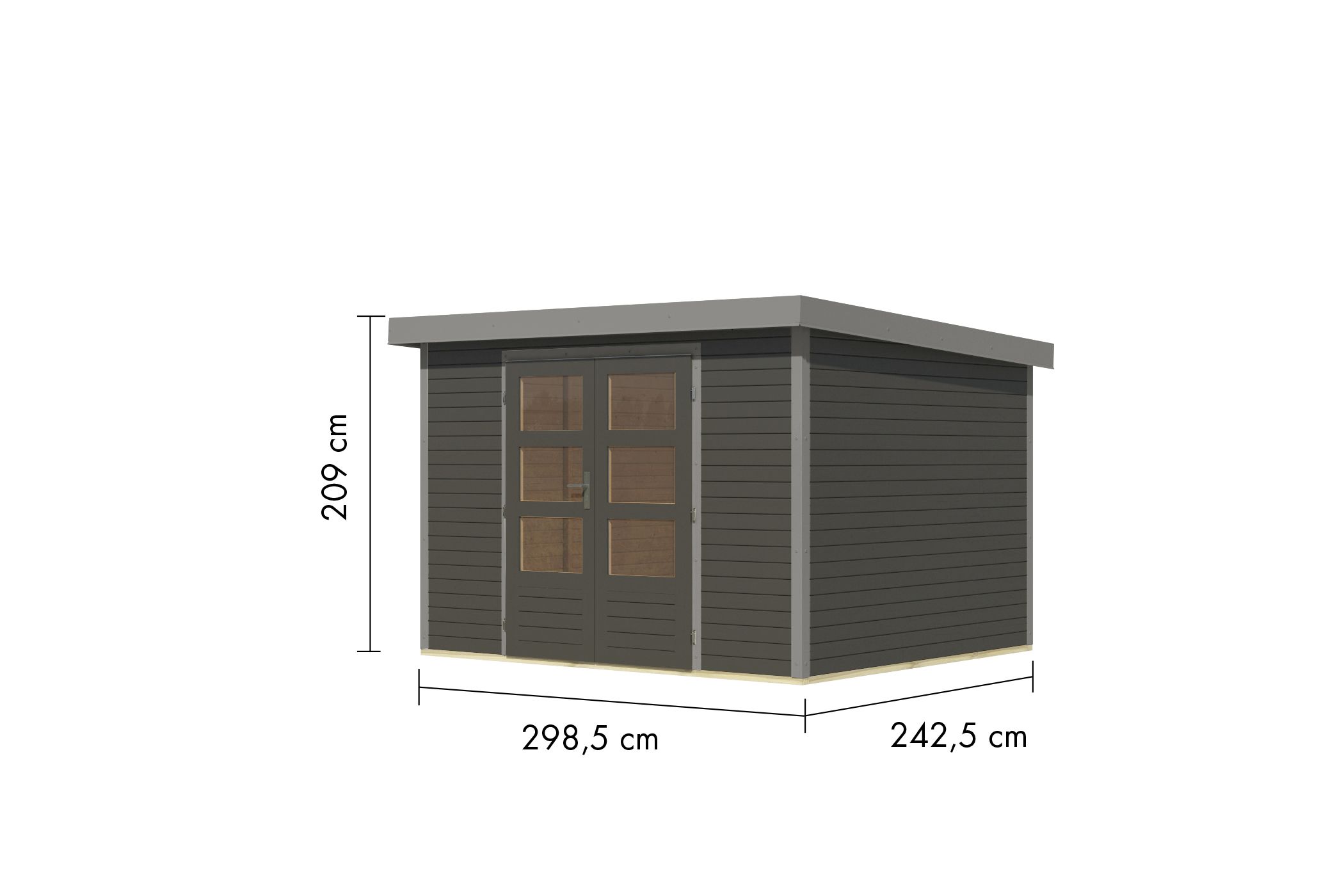 Bemaßte Maßzeichnung des Karibu Gartenhaus Holz & Metall Jupiter 5, 299 × 243 cm