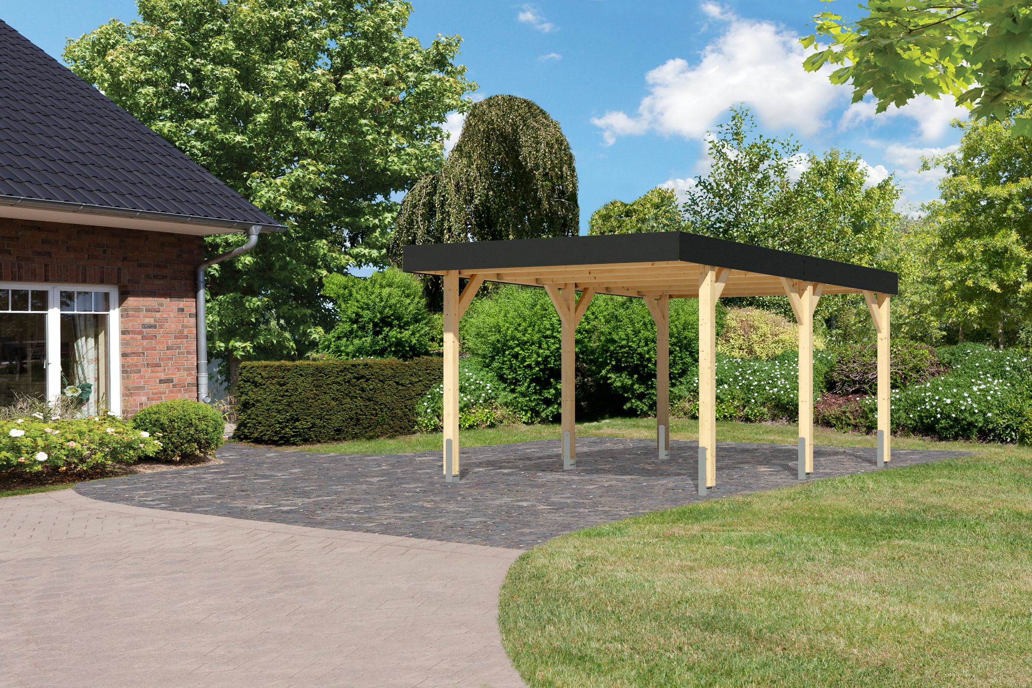 Außenansicht des Karibu Einzelcarport Leimholz 1 aus Leimholz mit Flachdach im Garten aufgebaut