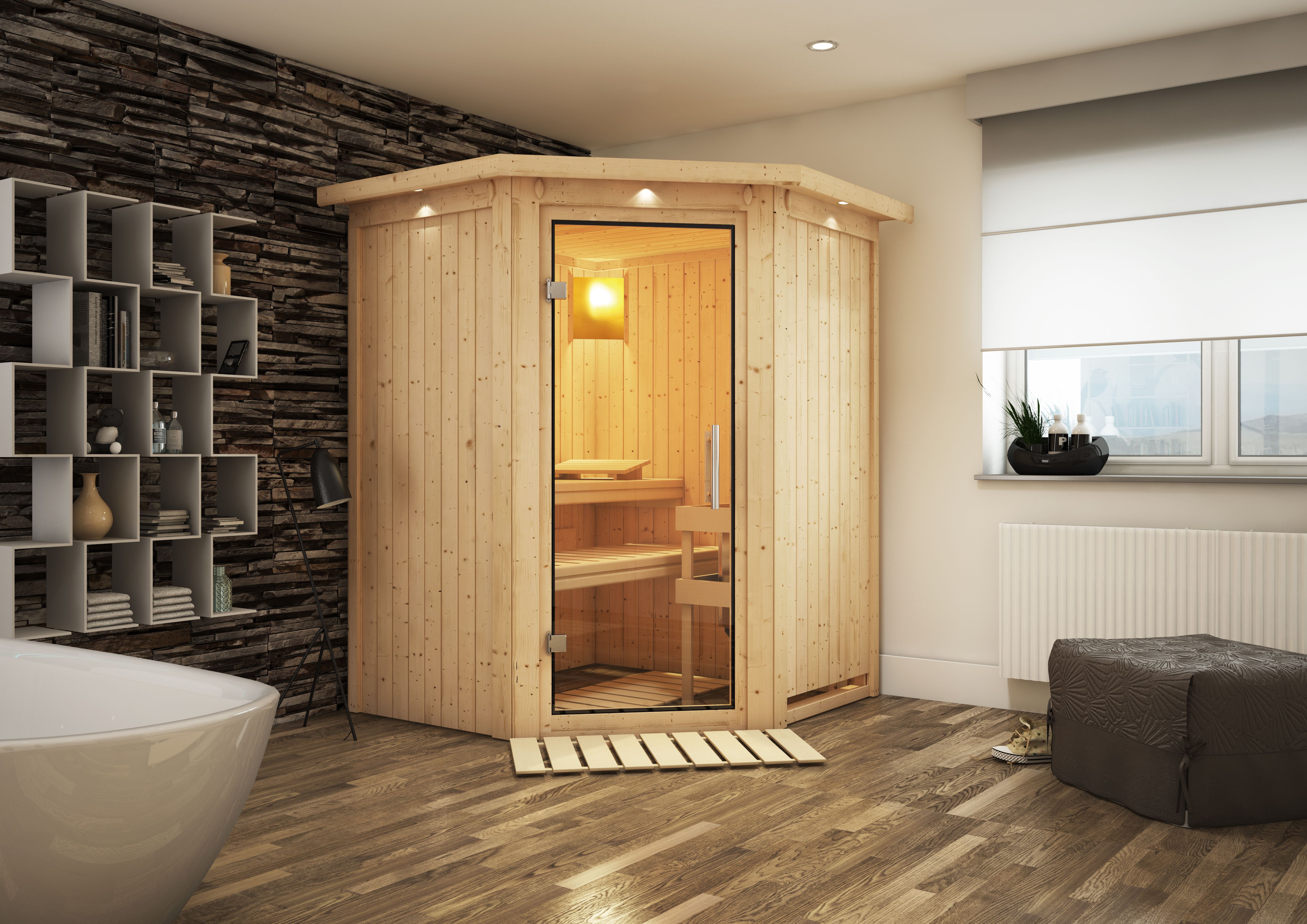 Karibu Sauna Larin als stimmungsvoller Wellnessbereich in einem modern eingerichteten Wohnraum