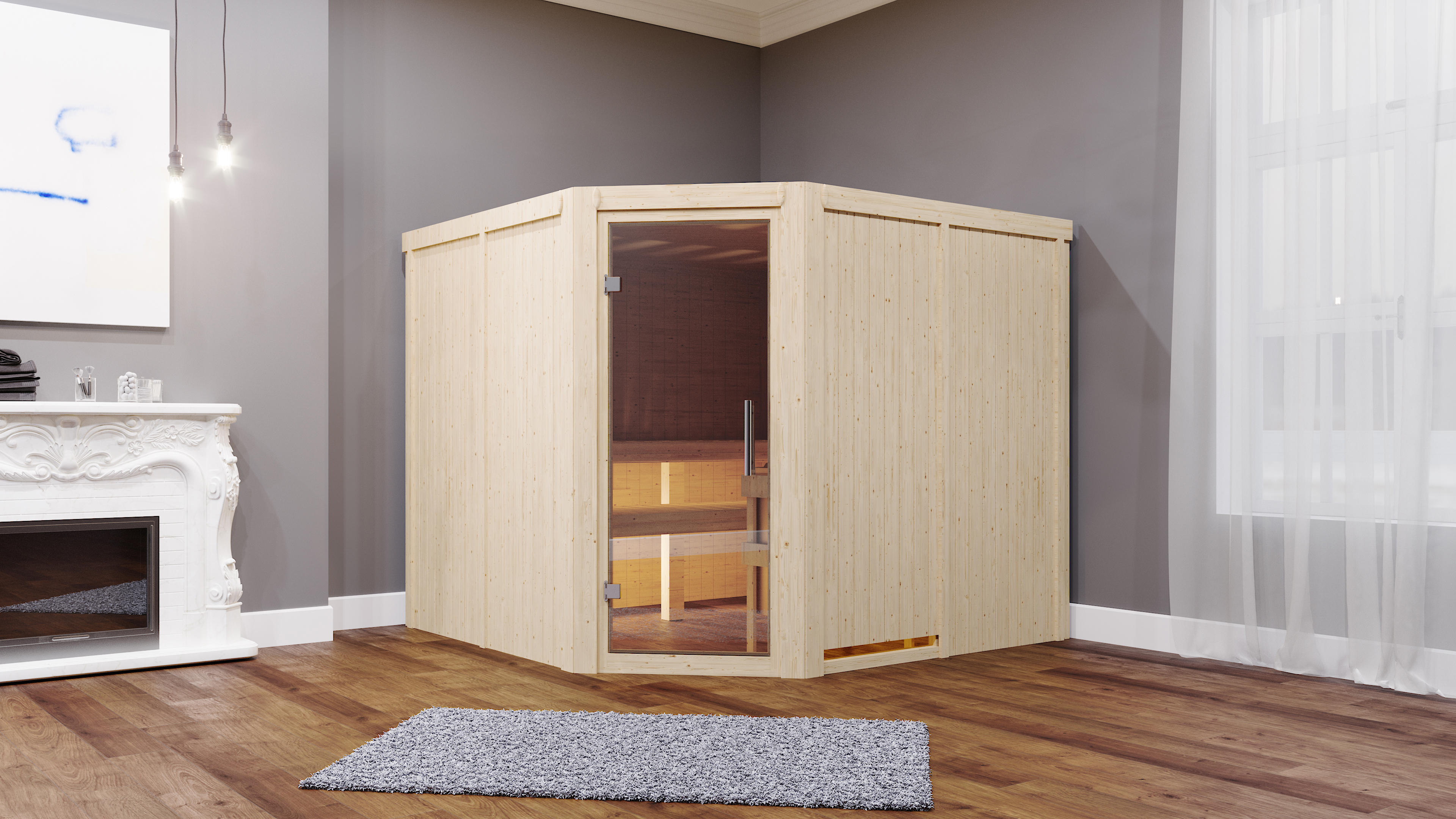 Karibu Sauna Malin als hochwertige Sauna aus nordischer Fichte im Wohnraum-Ambiente