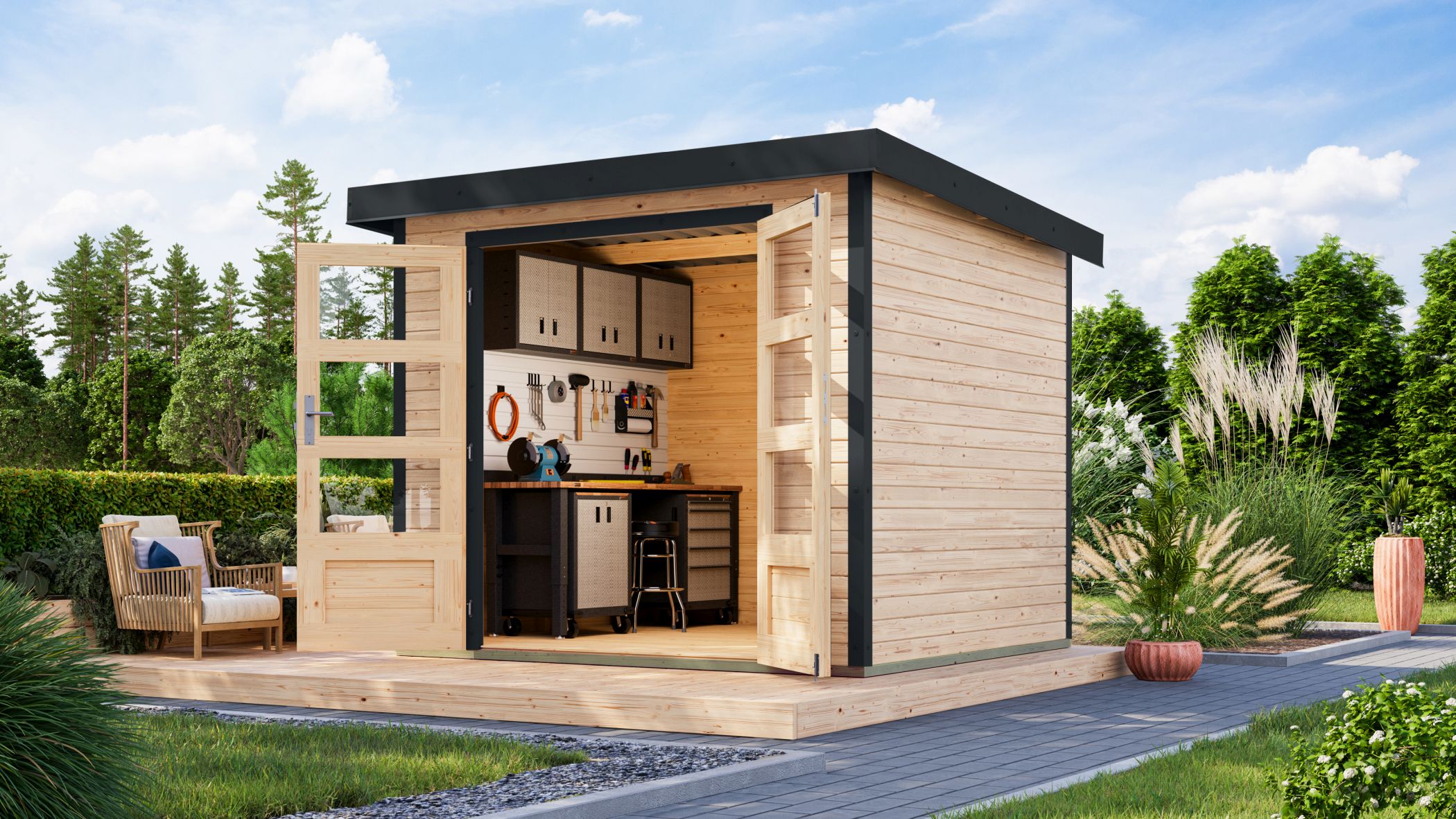 Karibu Gartenhaus Holz & Metall Jupiter 3 in Naturbelassen mit Metall in Anthrazit im Garten
