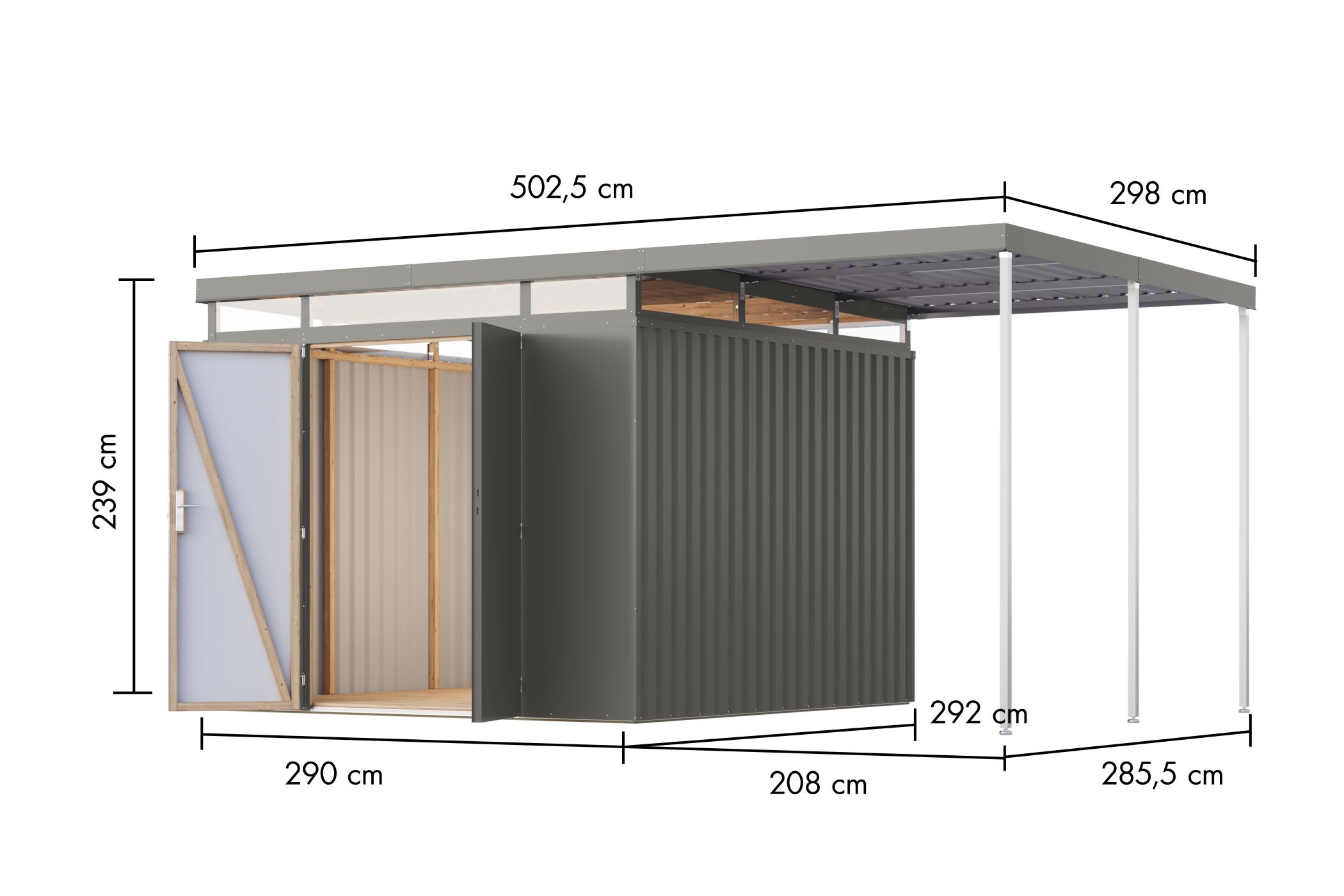 Bemaßte Maßzeichnung des Karibu großes Gerätehaus aus Metall Aurum 3,5, 497 × 292 cm